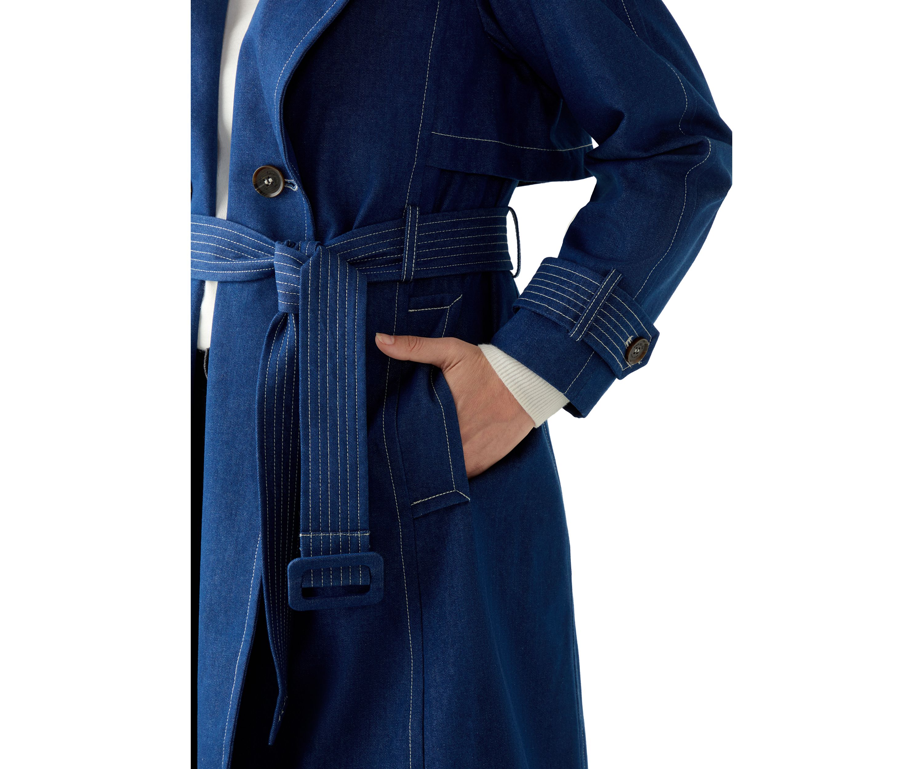 Womens Long Double Breasted Denim Trench Coat