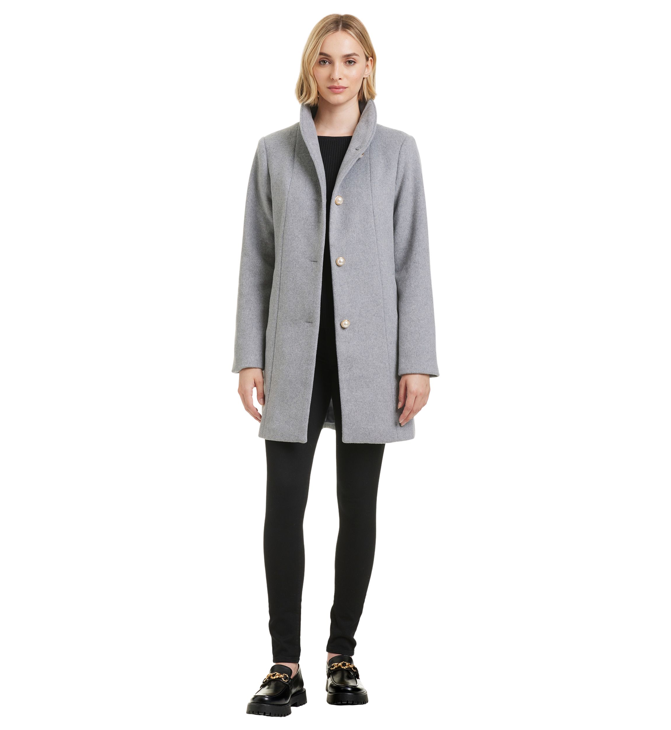 Womens Pearl Button Tailored Wool Coat