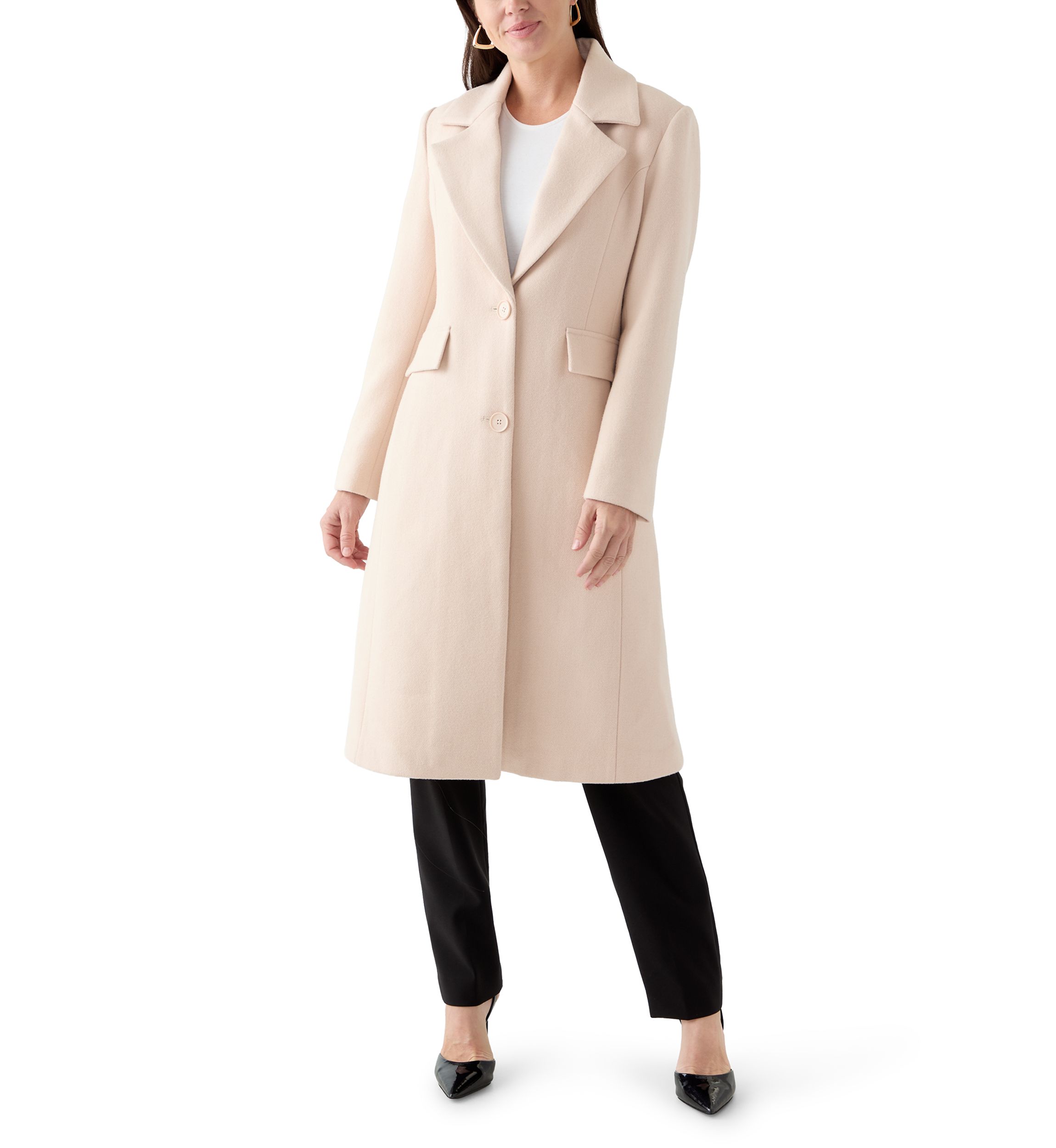 Womens Notch Collar Textured Long Peacoat 