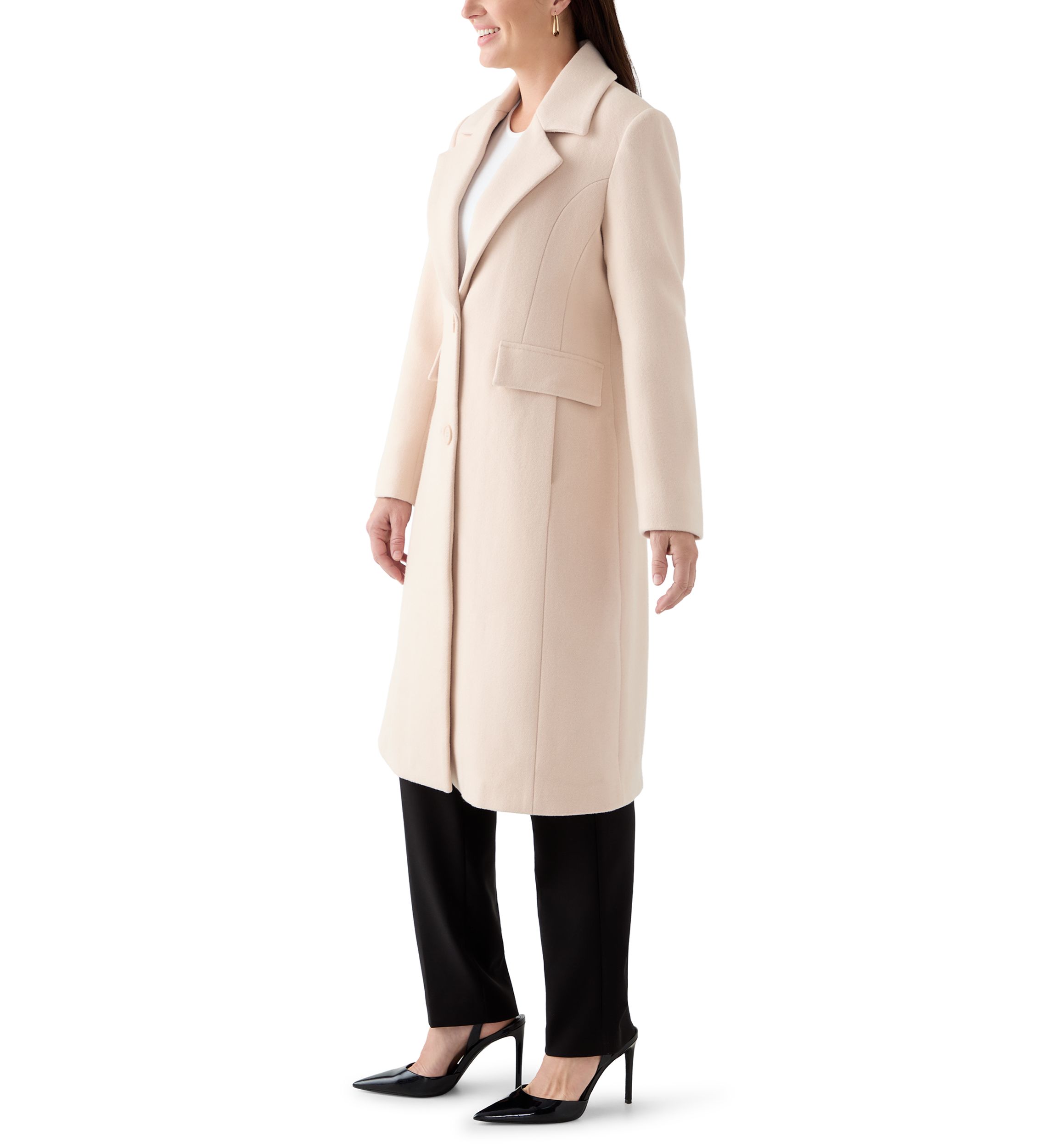 Womens Notch Collar Textured Long Peacoat 