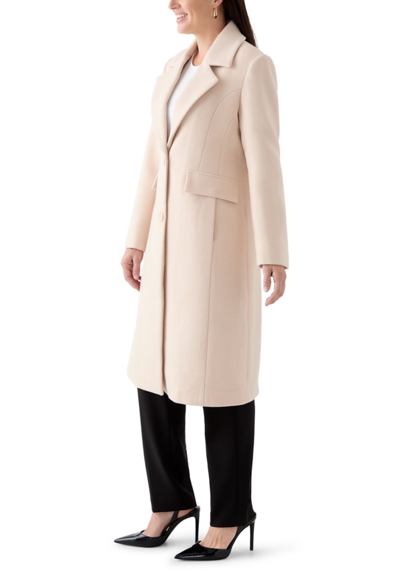Womens Notch Collar Textured Long Peacoat 