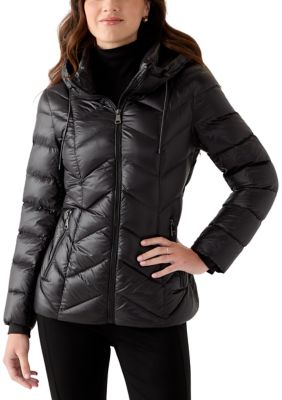 DKNY Women's Lightweight Shiny Puffer Coat with Hood