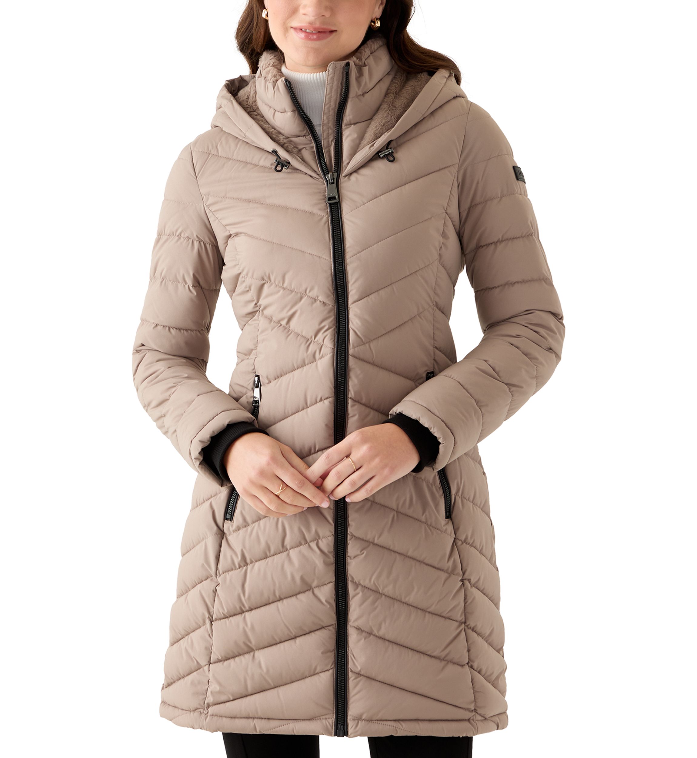 Womens 3/4 Lightweight Double Placket PU Puffer Coat