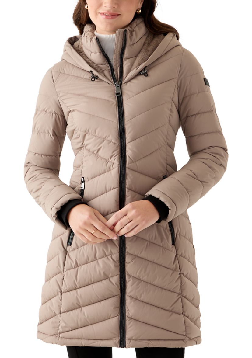 Womens 3/4 Lightweight Double Placket PU Puffer Coat
