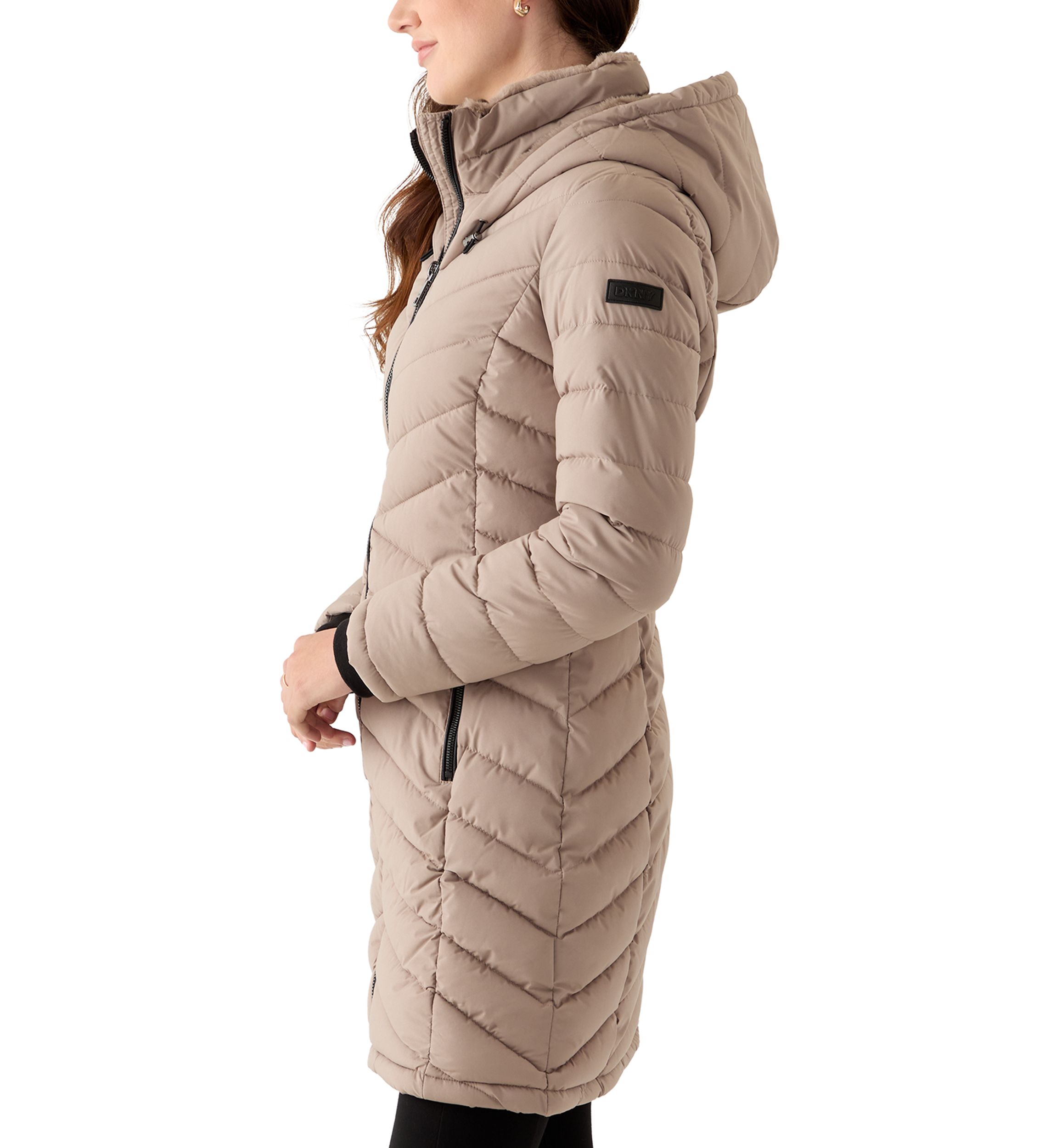 Womens 3/4 Lightweight Double Placket PU Puffer Coat