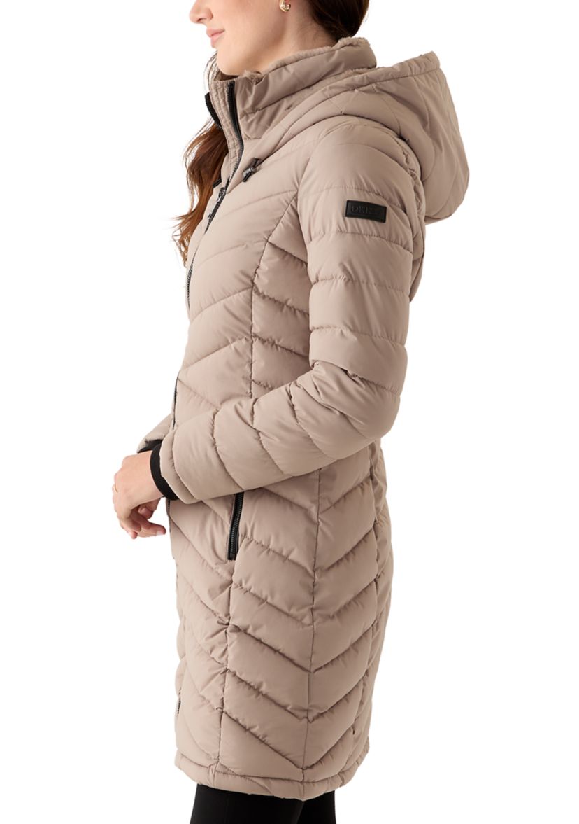 Womens 3/4 Lightweight Double Placket PU Puffer Coat