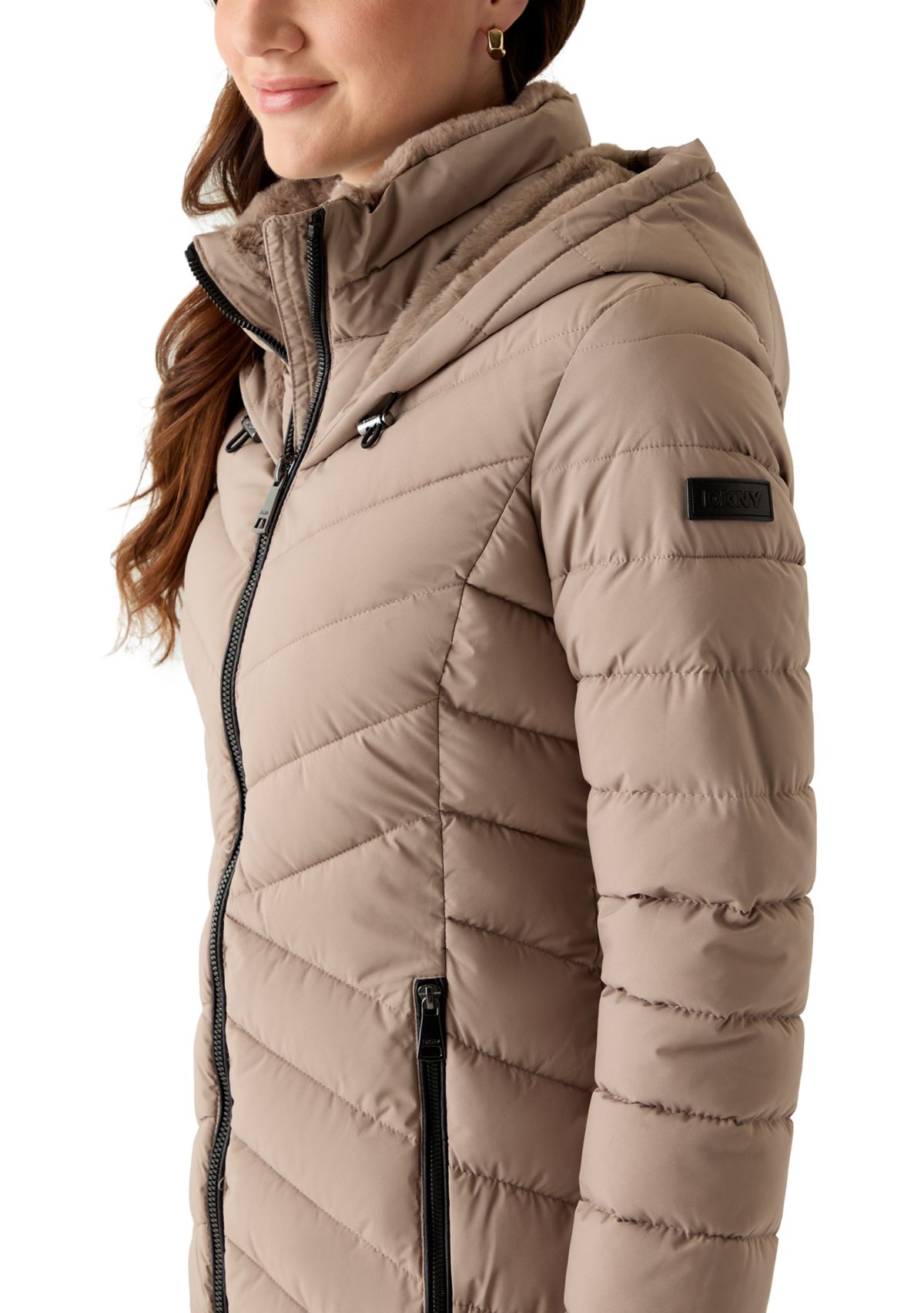Womens 3/4 Lightweight Double Placket PU Puffer Coat