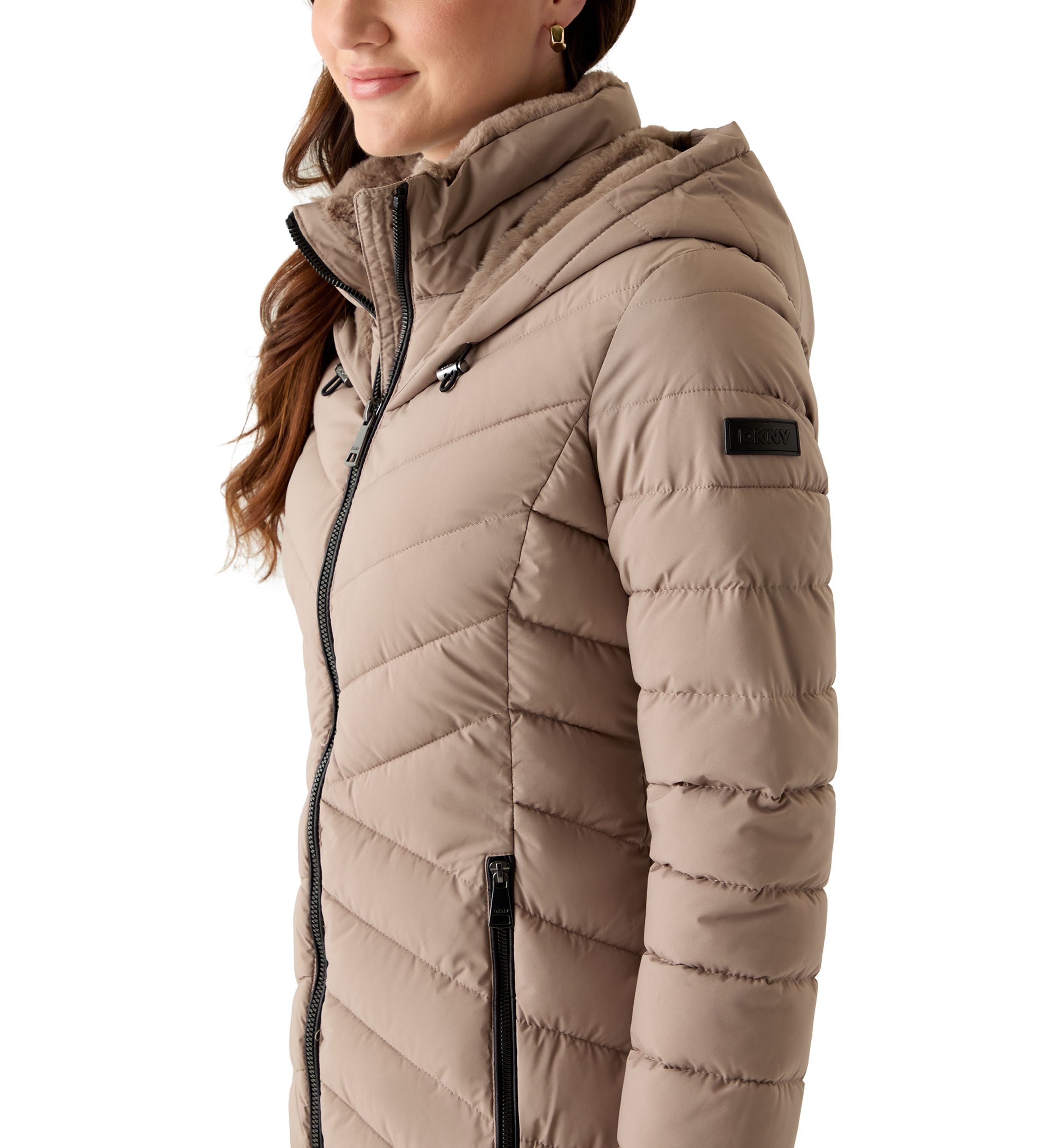 Womens 3/4 Lightweight Double Placket PU Puffer Coat