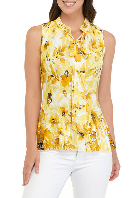 DKNY Womens Sleeveless Pleated Floral Print Blouse