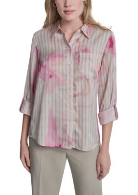 DKNY Women's Long Sleeve Striped Floral Shirt
