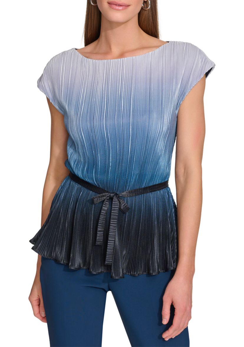 Womens Cap Sleeve Rib Striped Tie Waist Top