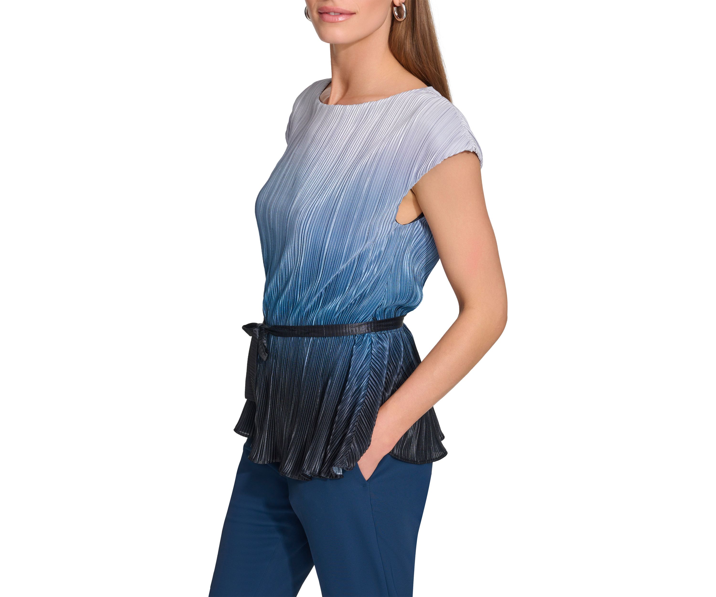 Womens Cap Sleeve Rib Striped Tie Waist Top