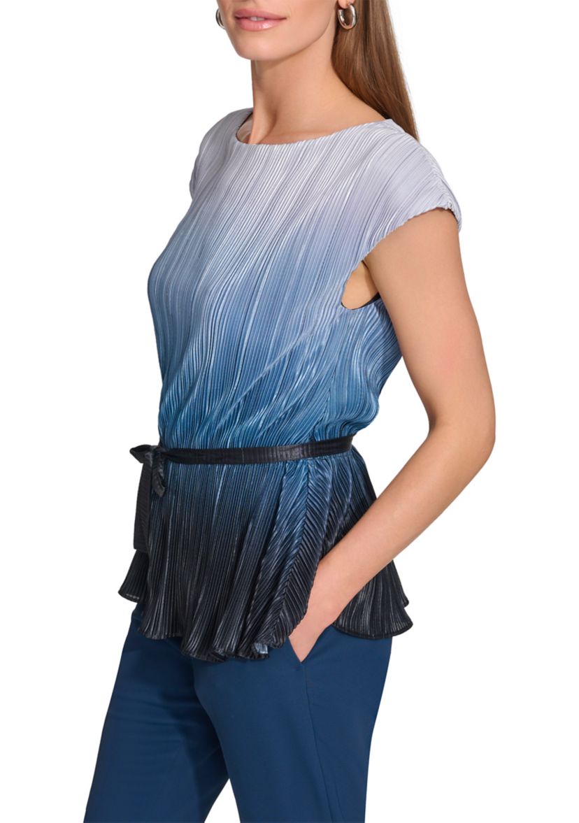 Womens Cap Sleeve Rib Striped Tie Waist Top