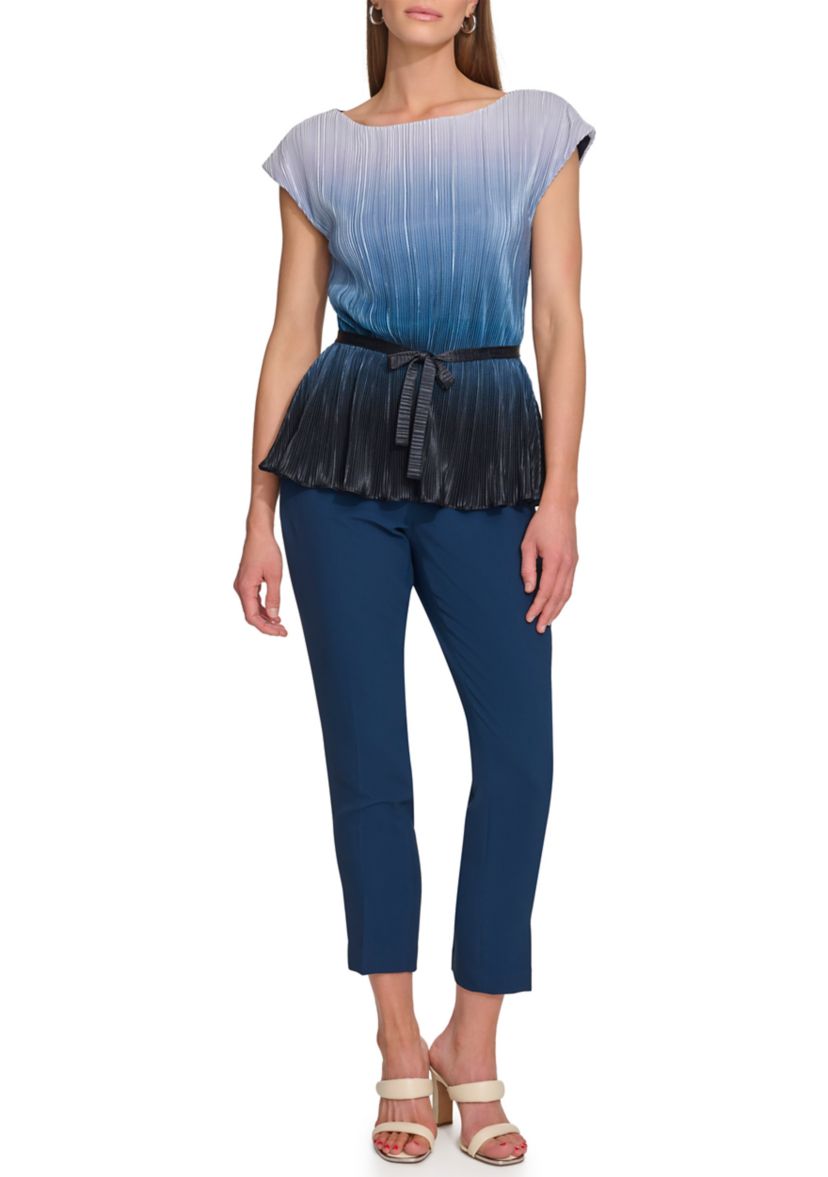Womens Cap Sleeve Rib Striped Tie Waist Top