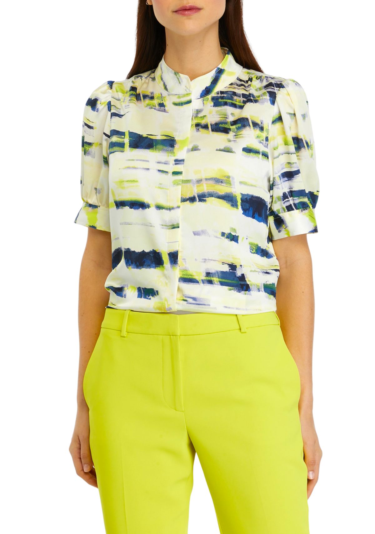 Womens Puff Sleeve Mandarin Collared Blouse