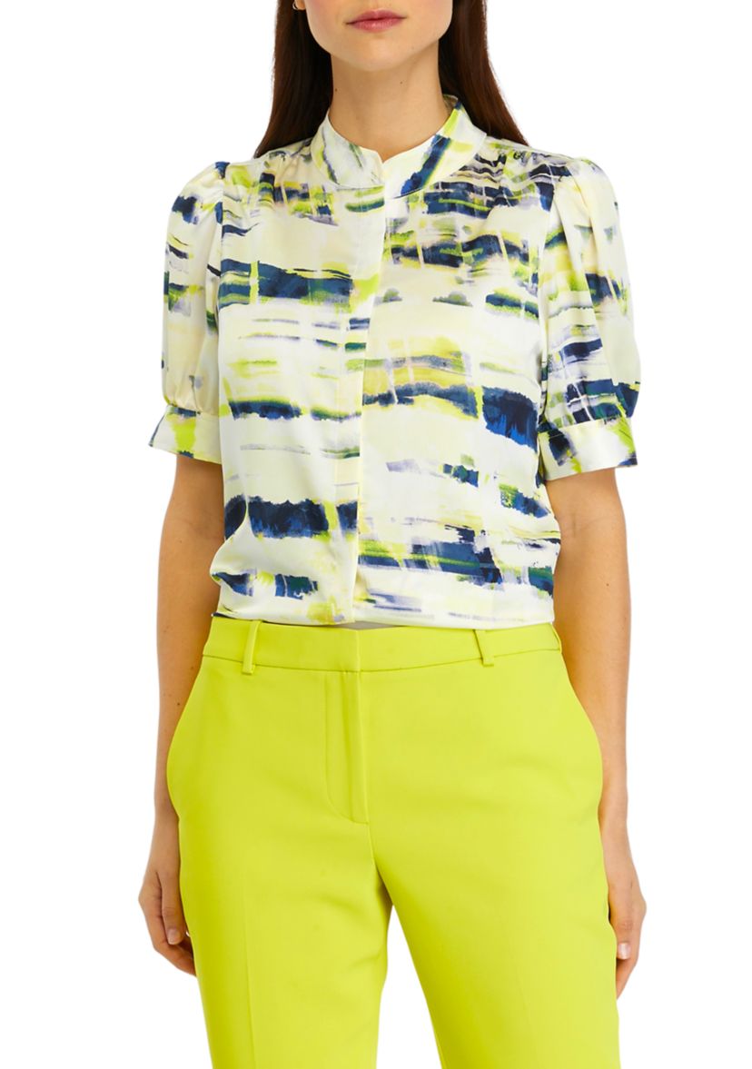 Womens Puff Sleeve Mandarin Collared Blouse