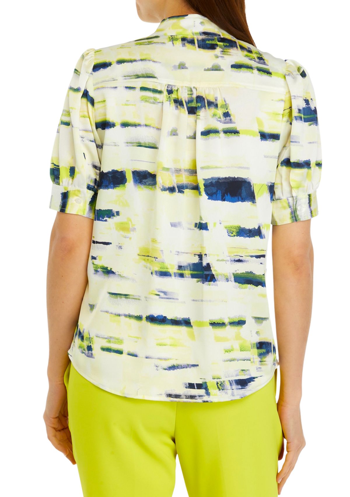 Womens Puff Sleeve Mandarin Collared Blouse