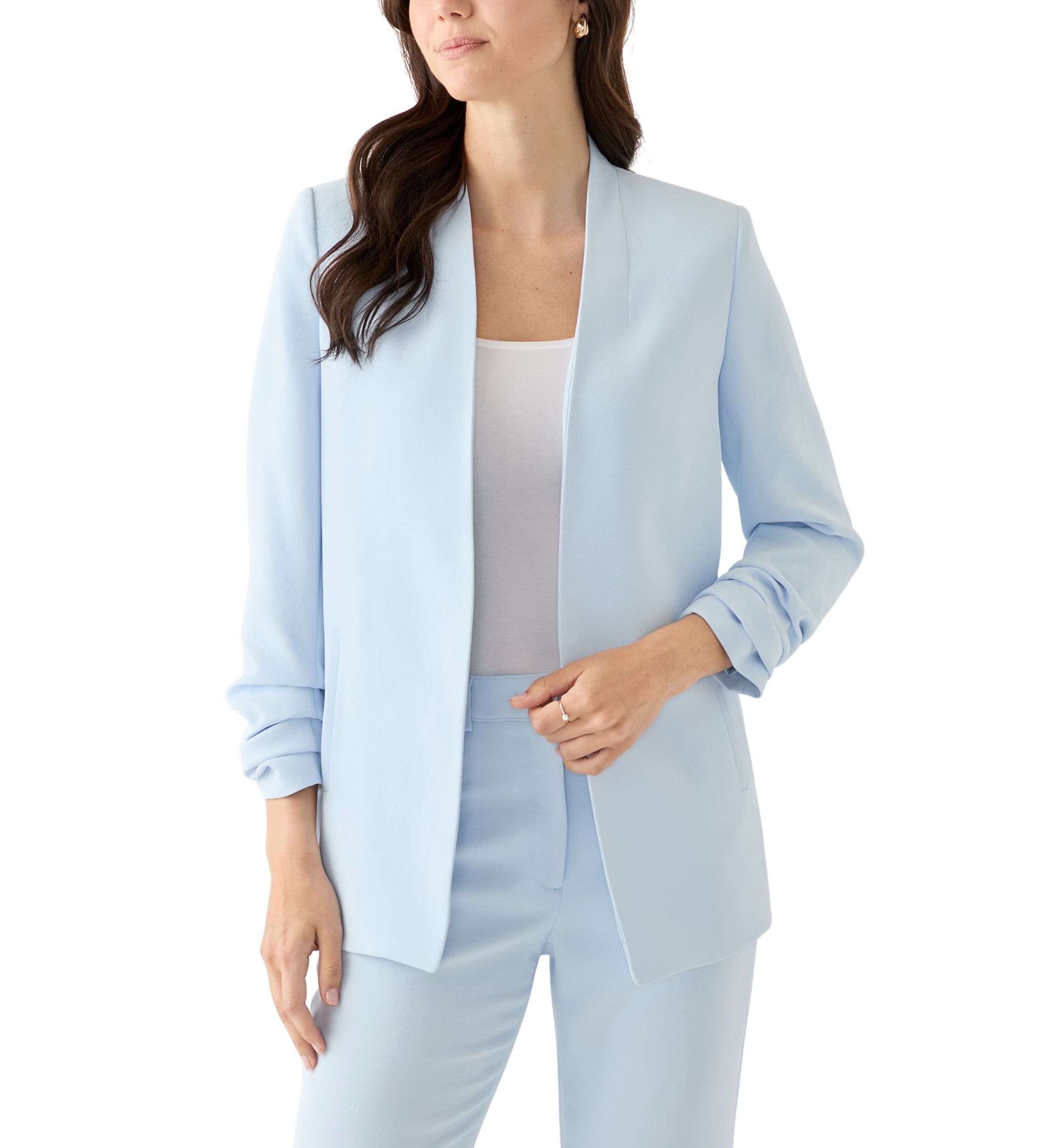 Womens Open Front Ruched Sleeve Blazer
