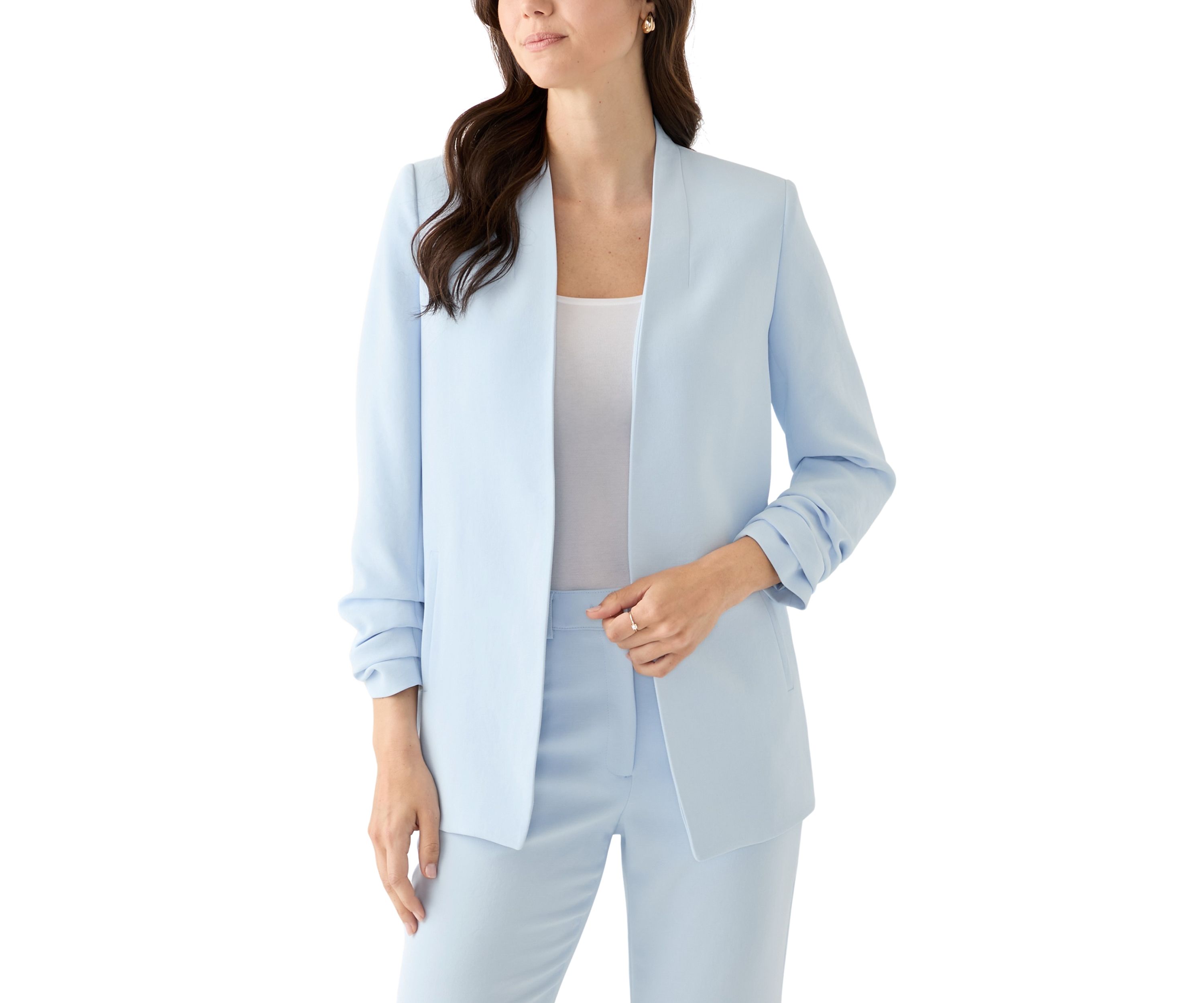 Womens Open Front Ruched Sleeve Blazer