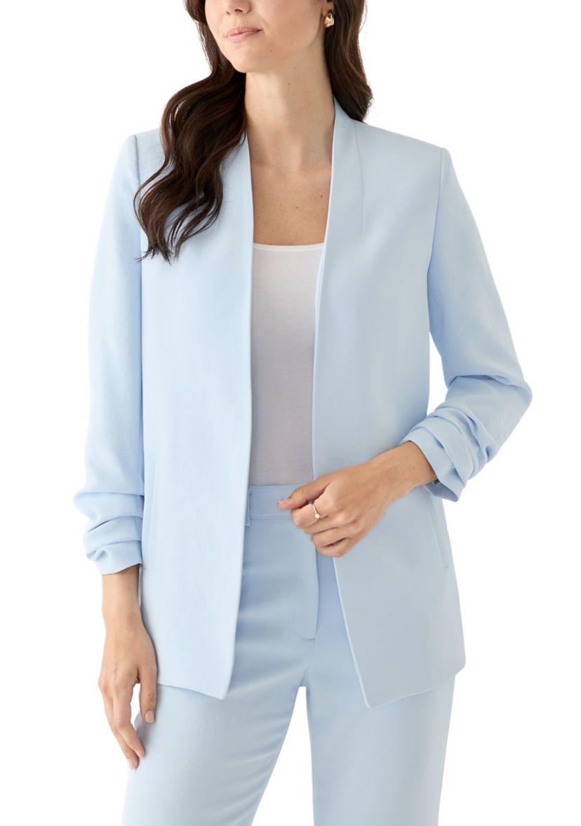 Womens Open Front Ruched Sleeve Blazer