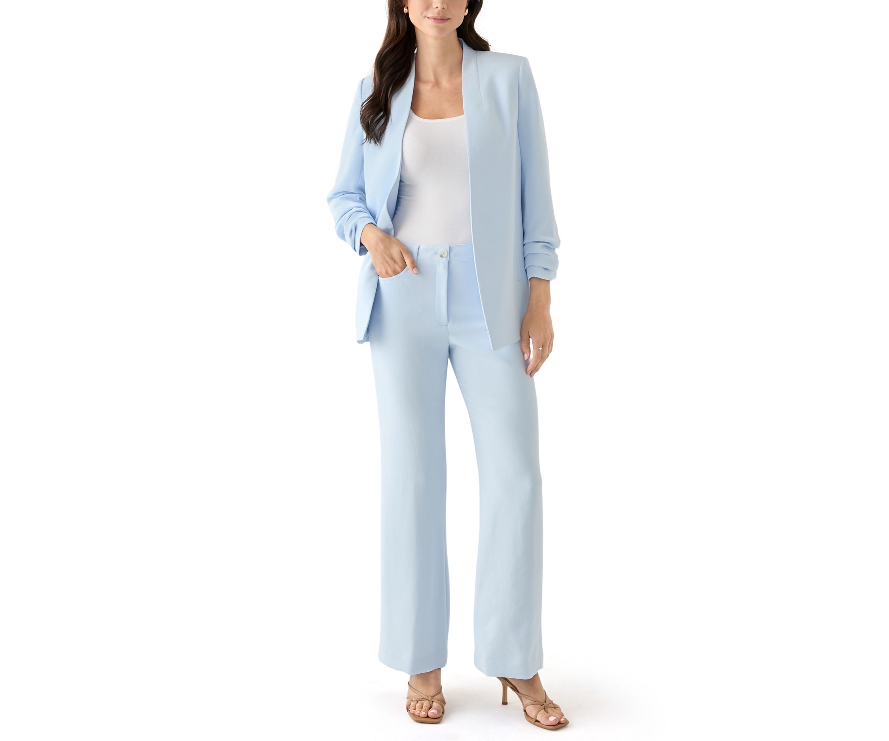 Womens Open Front Ruched Sleeve Blazer