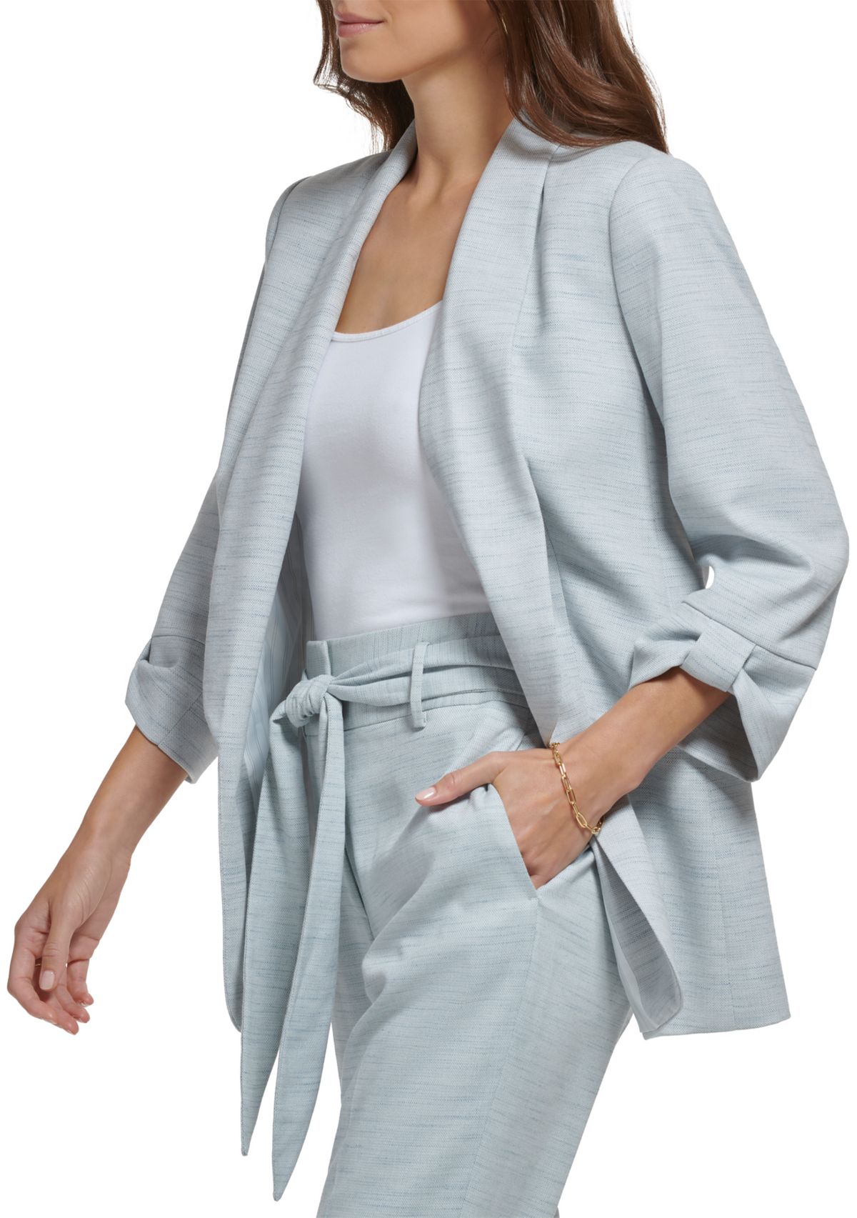 Womens 3/4 Knot Sleeve Open Front Heather Suit Jacket