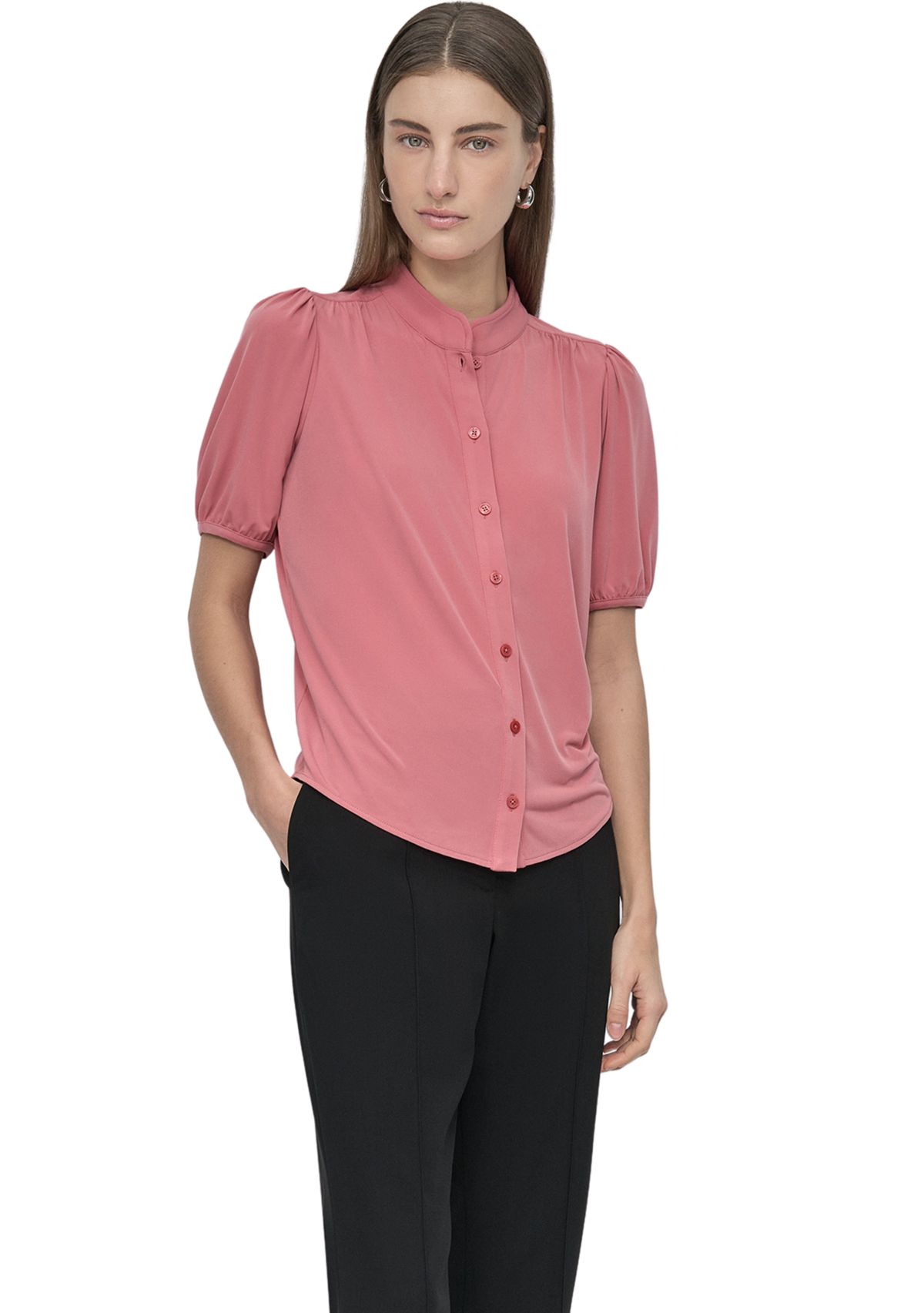 Womens Puff Sleeve Button Front Top