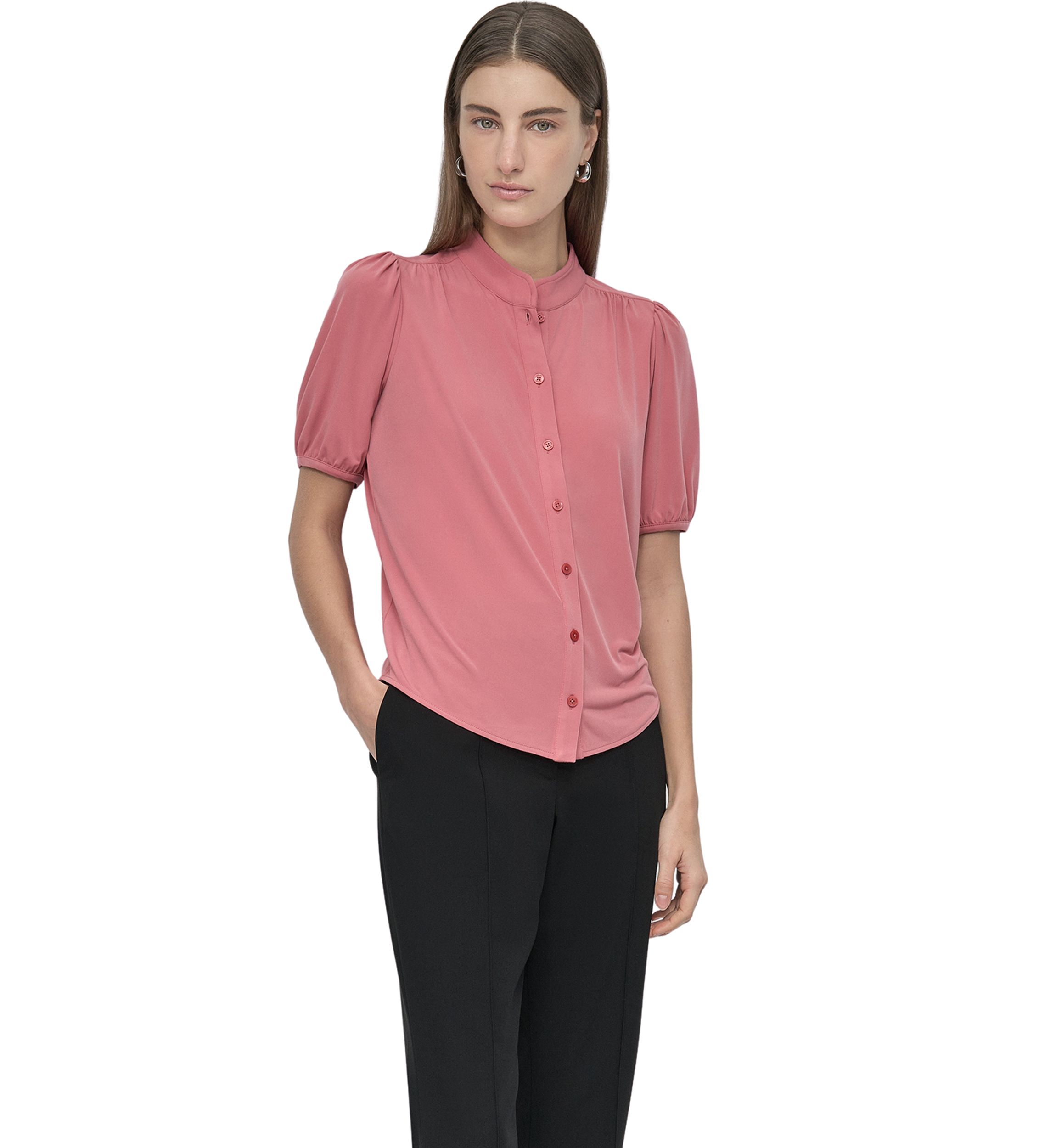 Womens Puff Sleeve Button Front Top