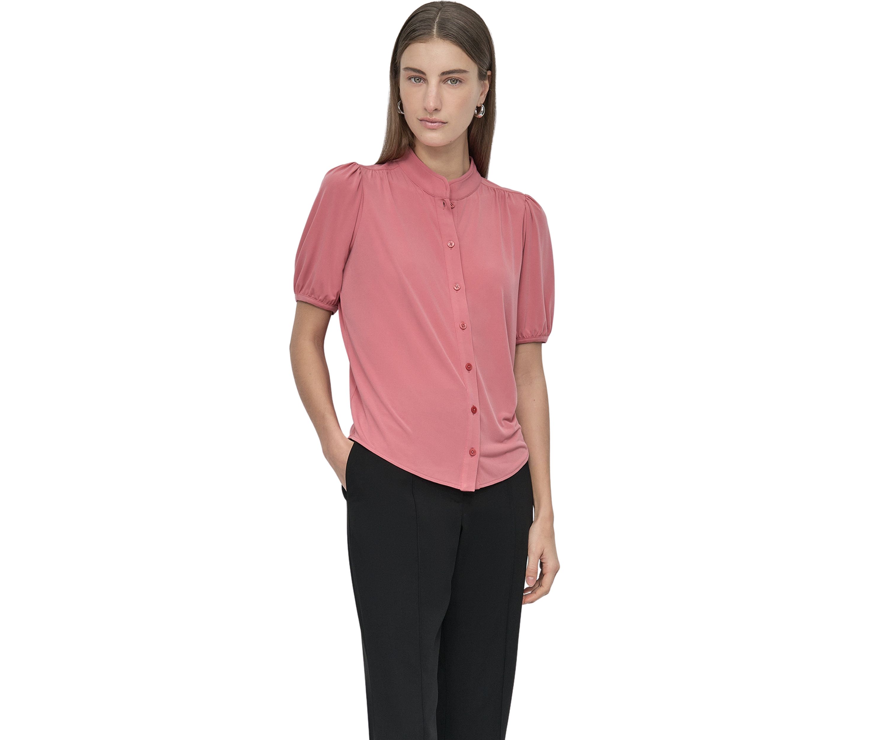 Womens Puff Sleeve Button Front Top