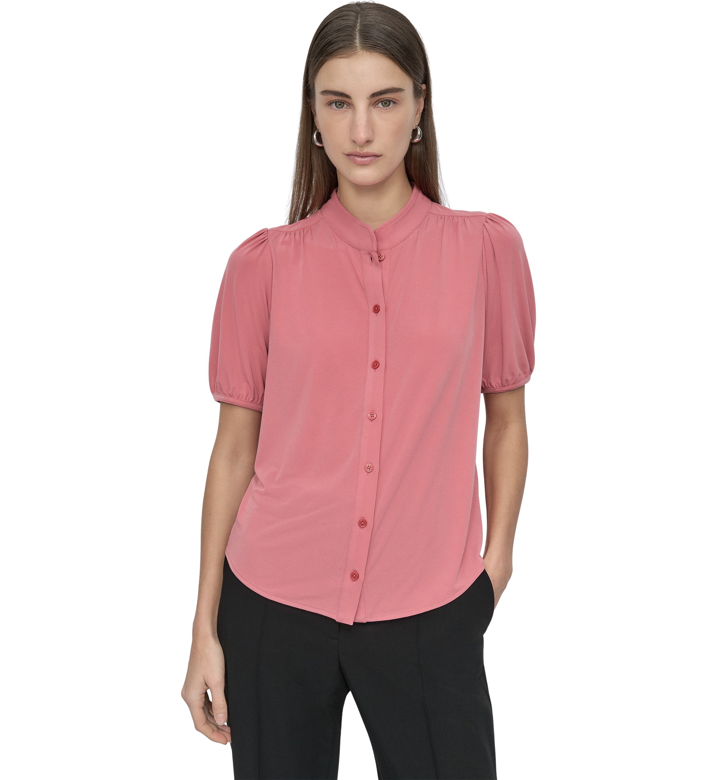 Womens Puff Sleeve Button Front Top