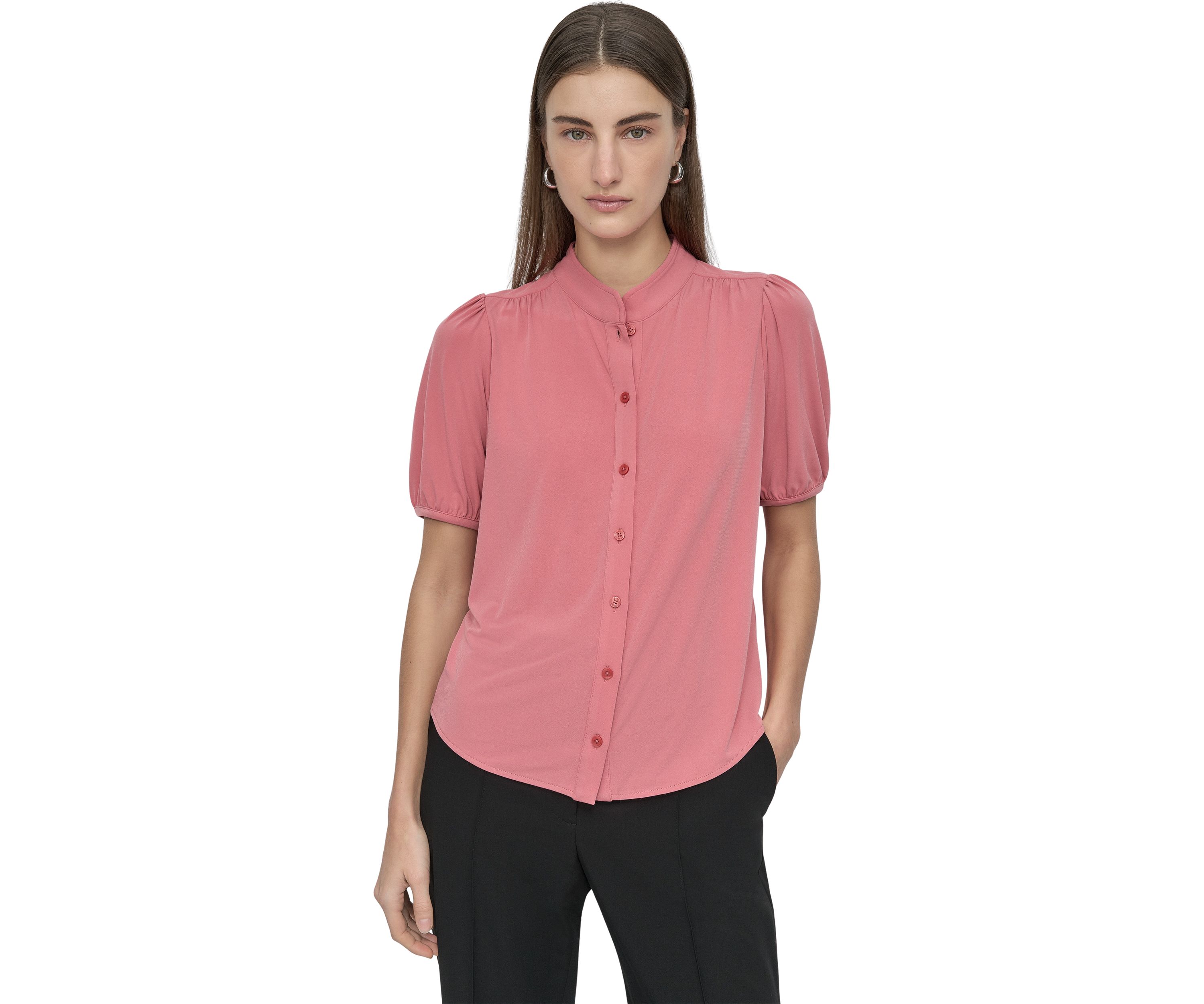 Womens Puff Sleeve Button Front Top