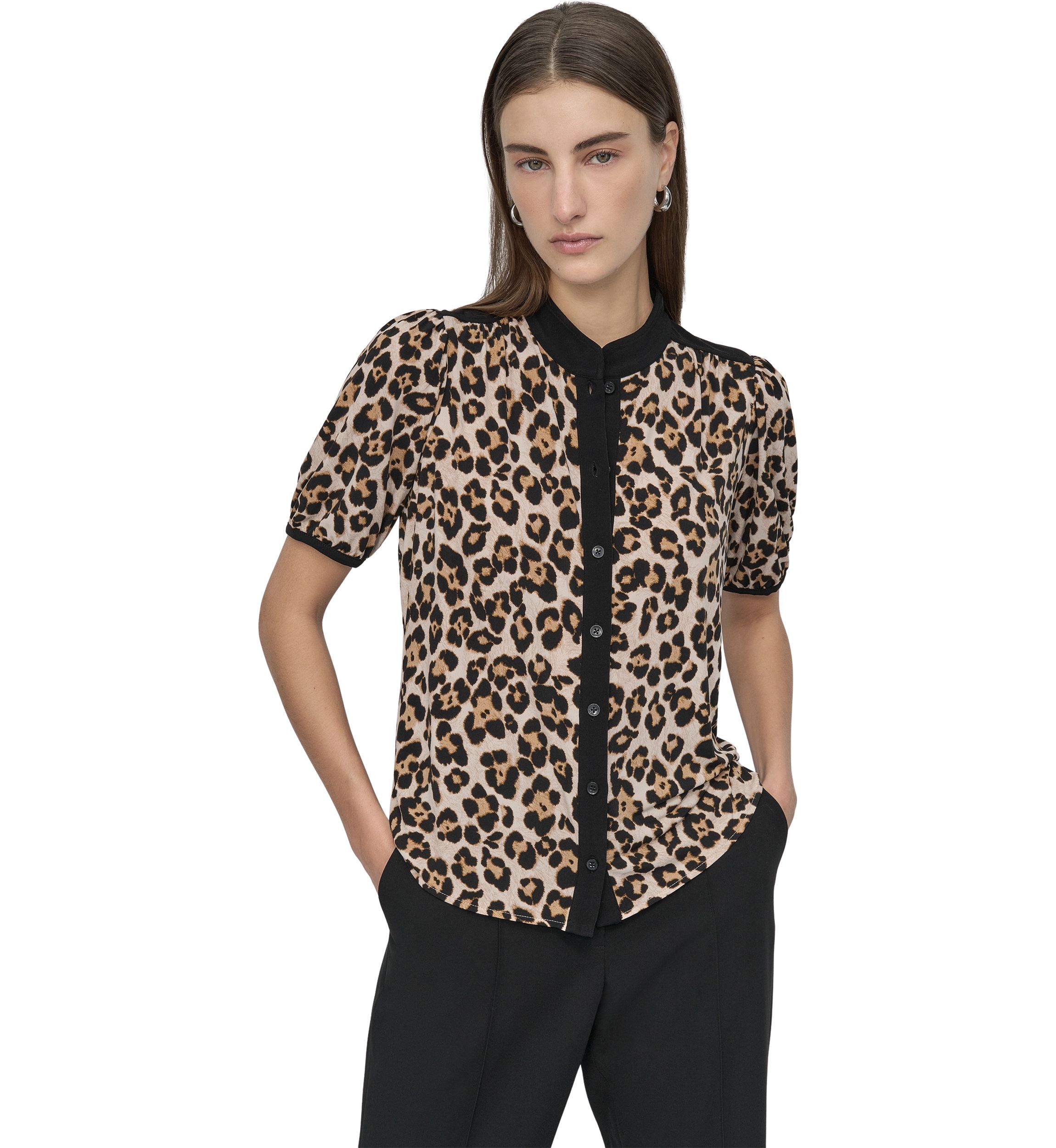 Womens Button Front Puff Sleeve Top
