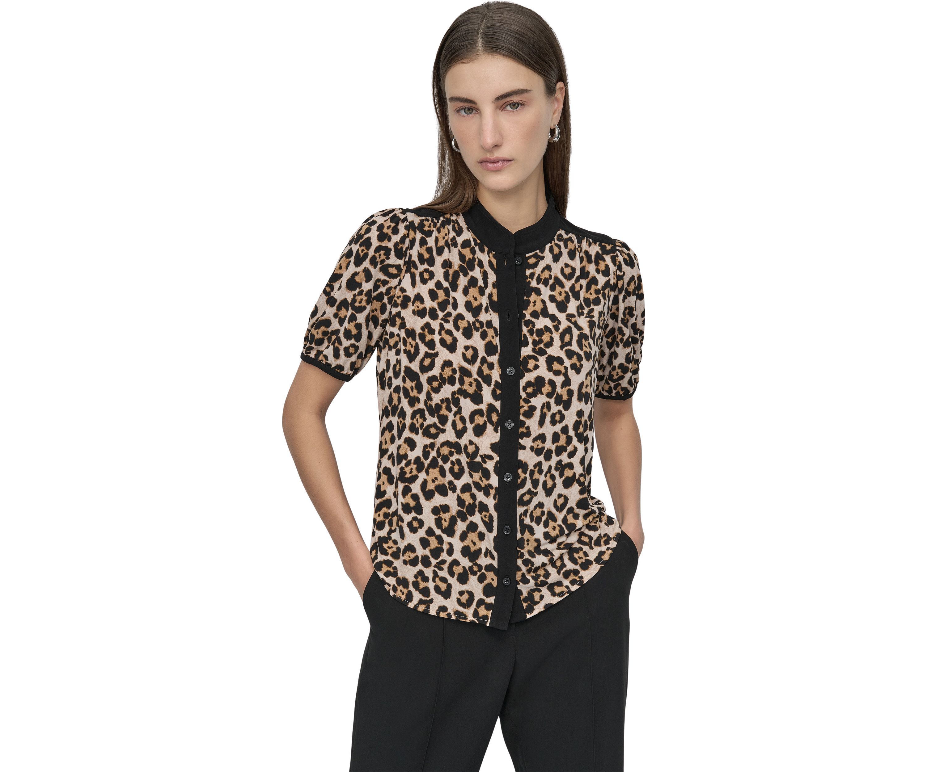 Womens Button Front Puff Sleeve Top