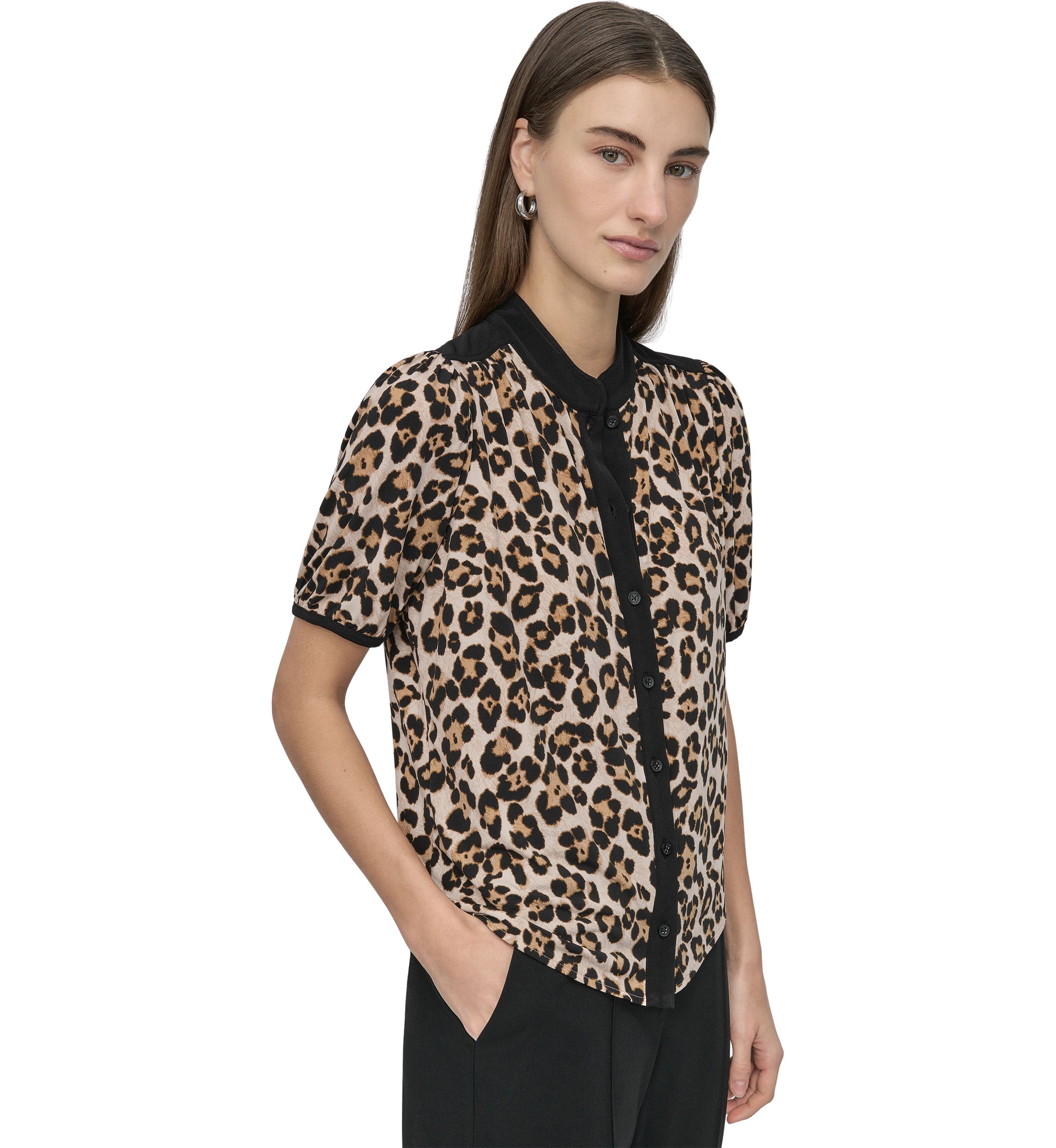 Womens Button Front Puff Sleeve Top