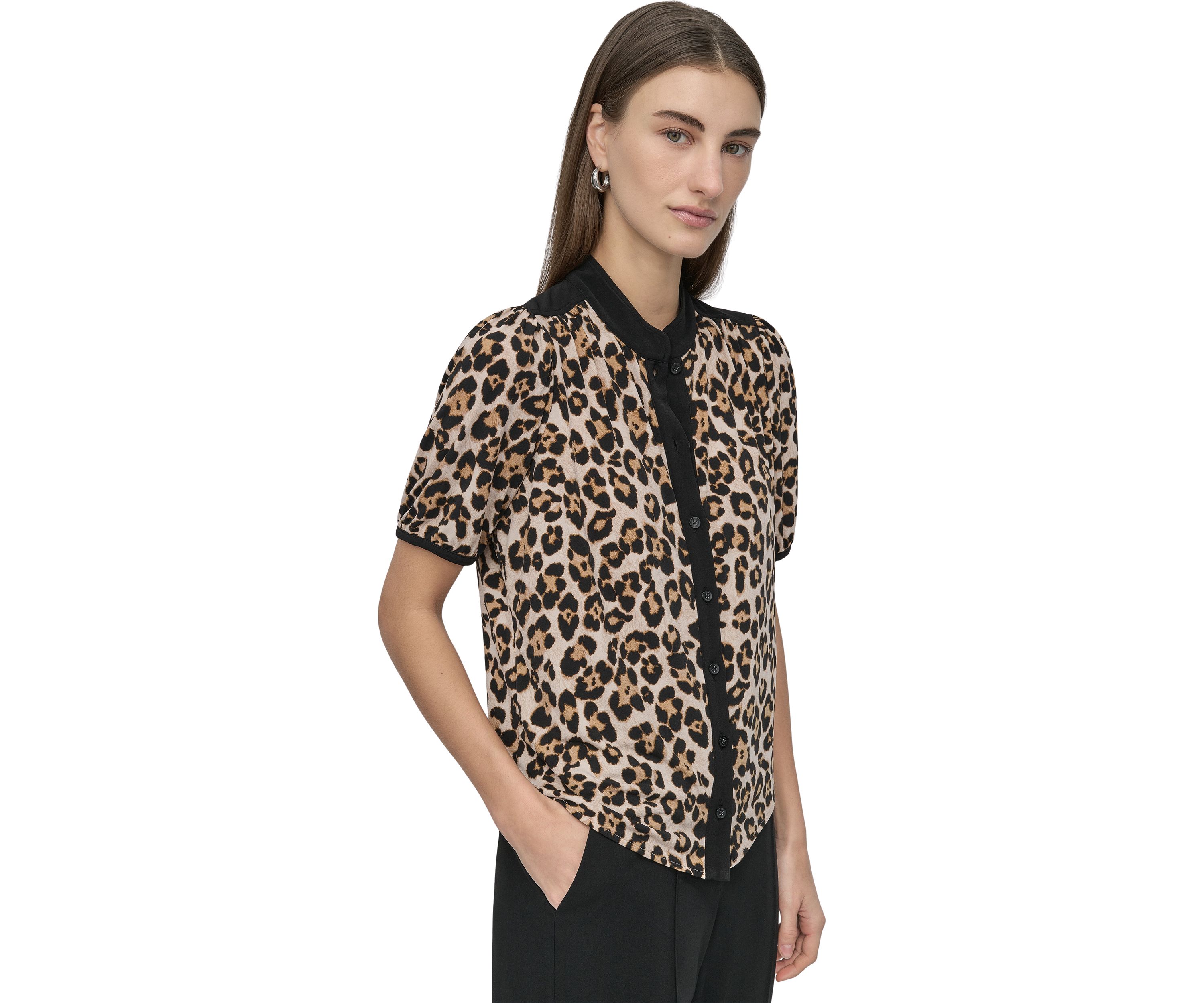Womens Button Front Puff Sleeve Top