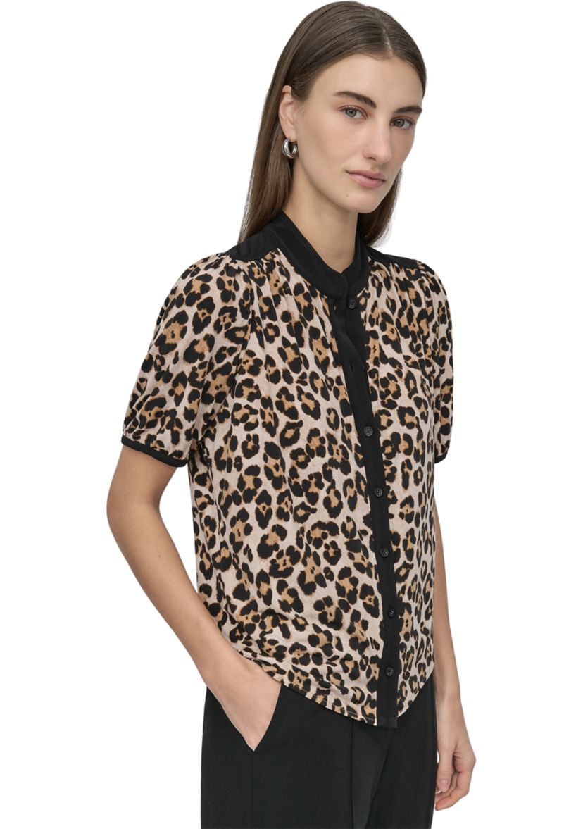 Womens Button Front Puff Sleeve Top