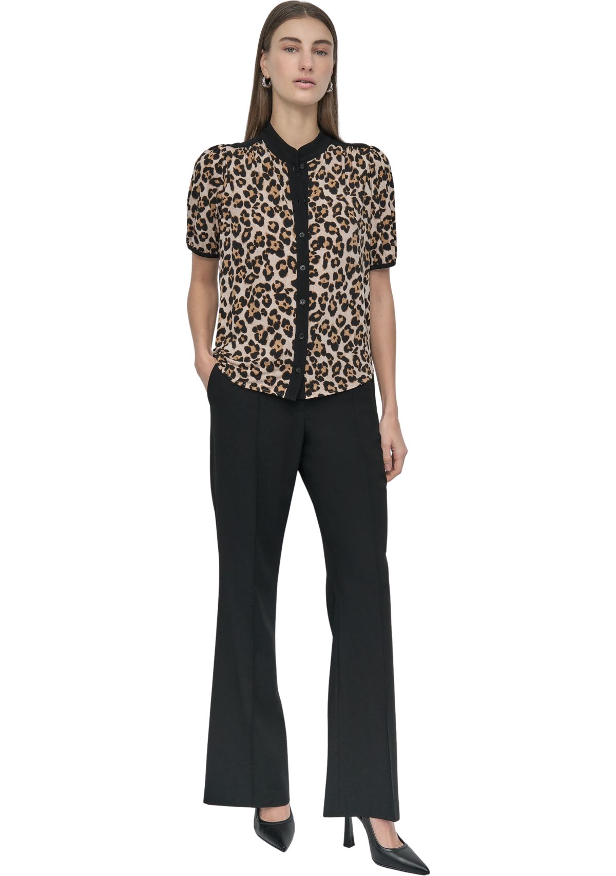 Womens Button Front Puff Sleeve Top