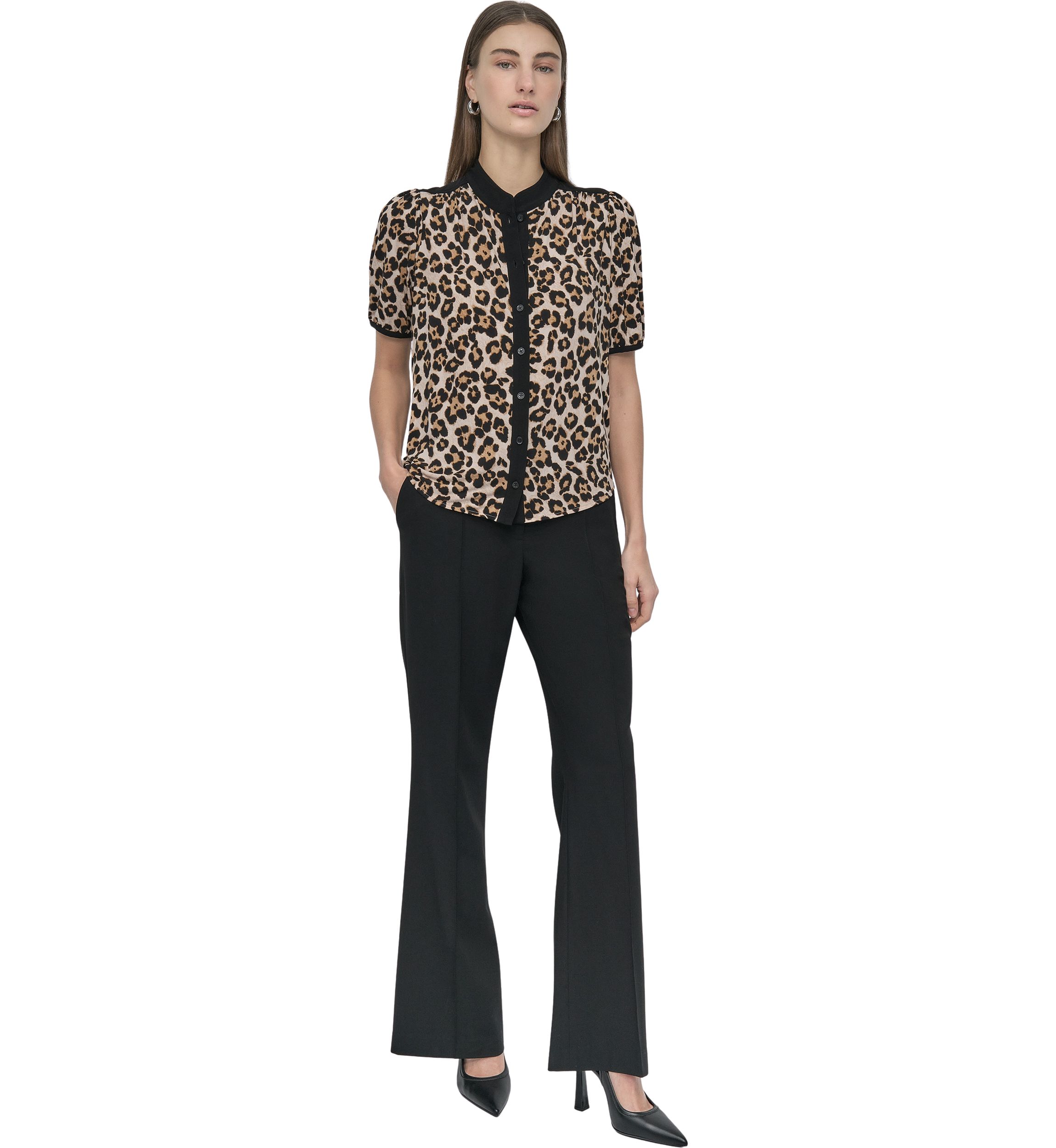 Womens Button Front Puff Sleeve Top