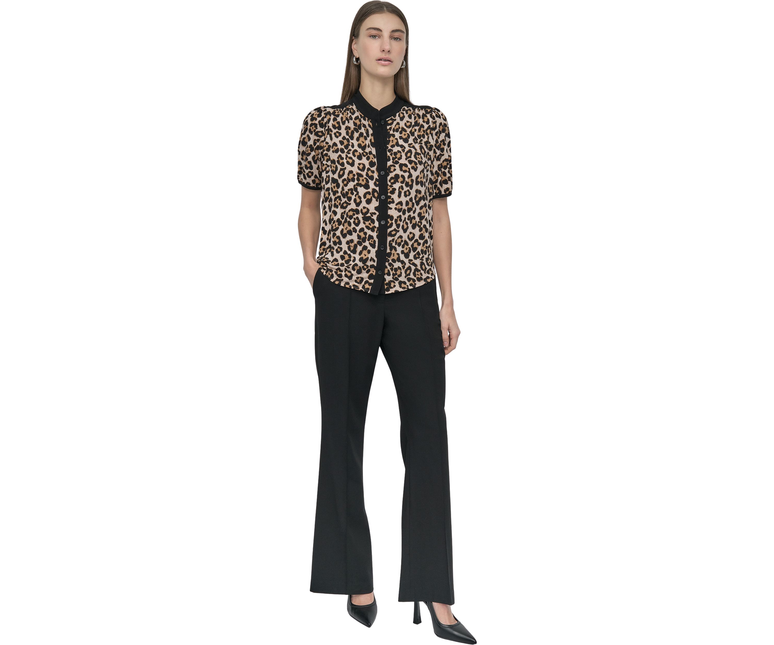 Womens Button Front Puff Sleeve Top