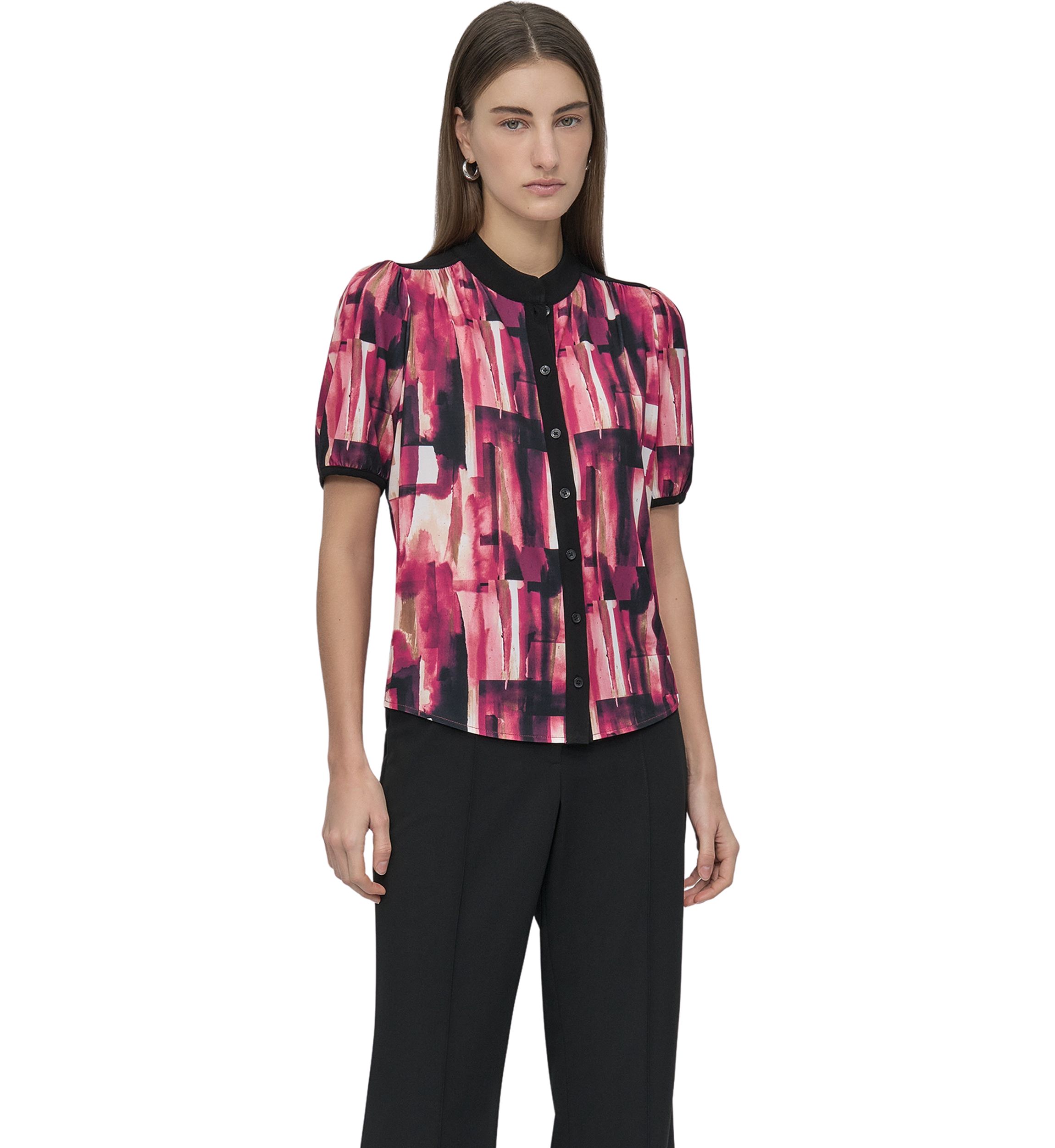 Womens Button Front Puff Sleeve Top