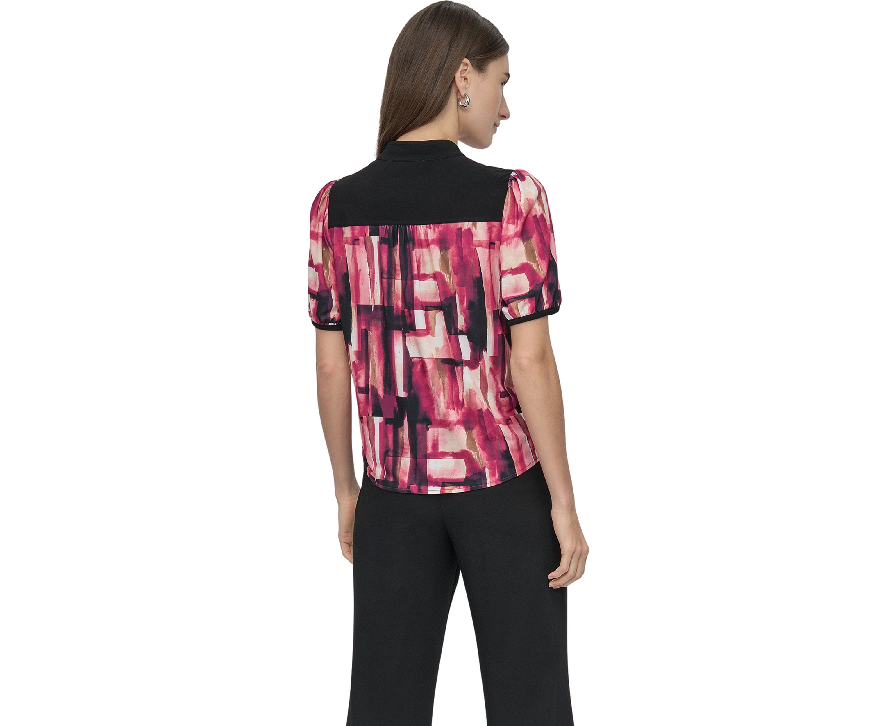 Womens Button Front Puff Sleeve Top
