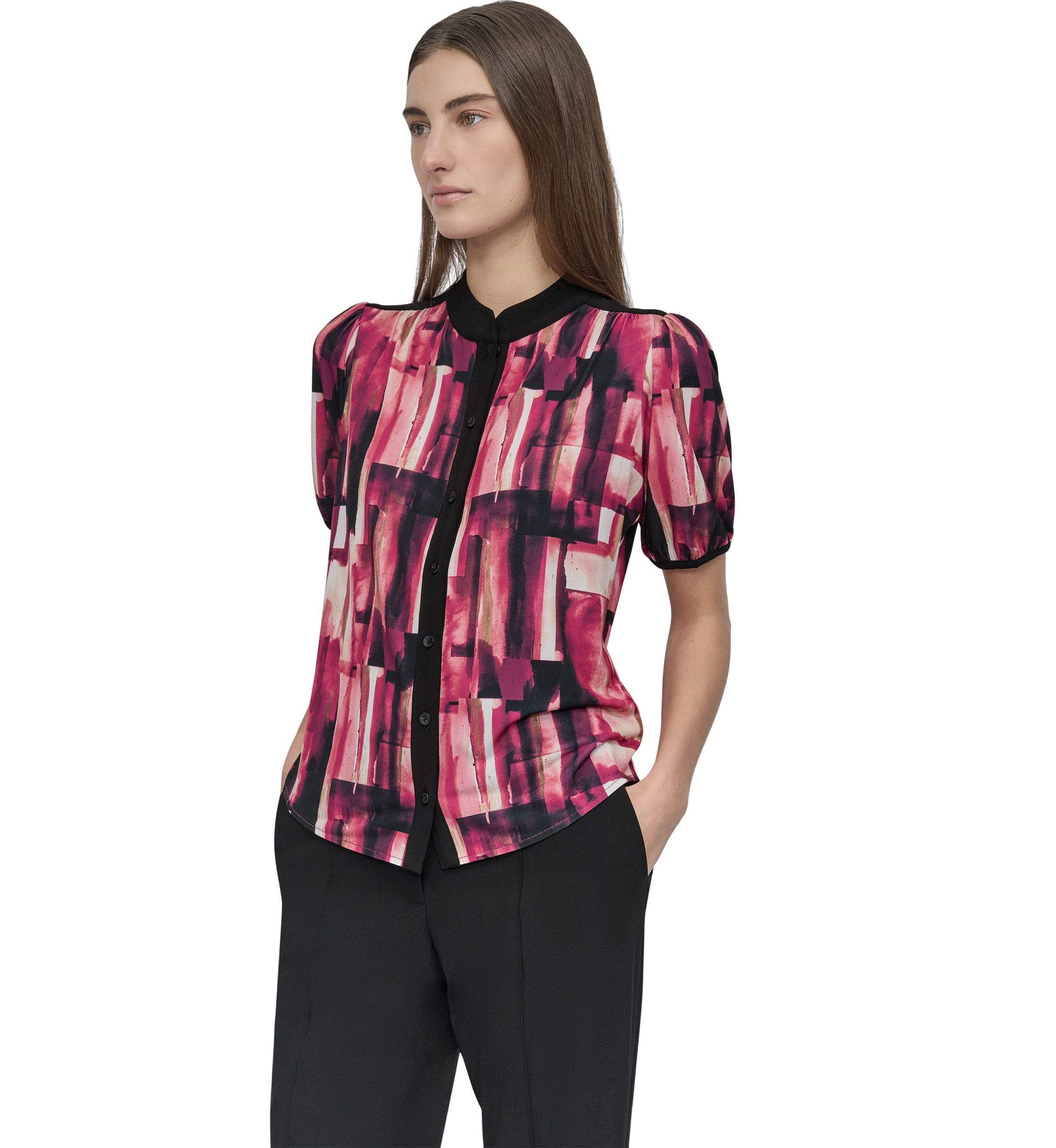Womens Button Front Puff Sleeve Top