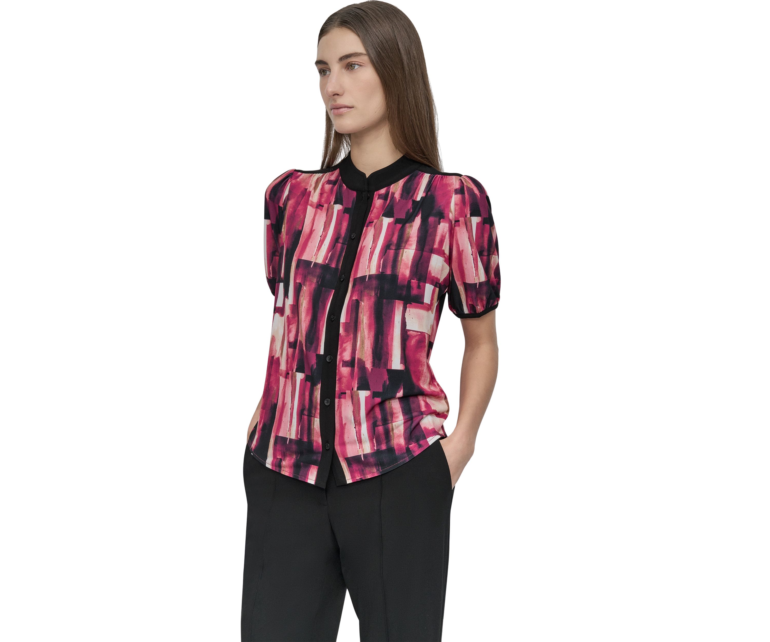 Womens Button Front Puff Sleeve Top
