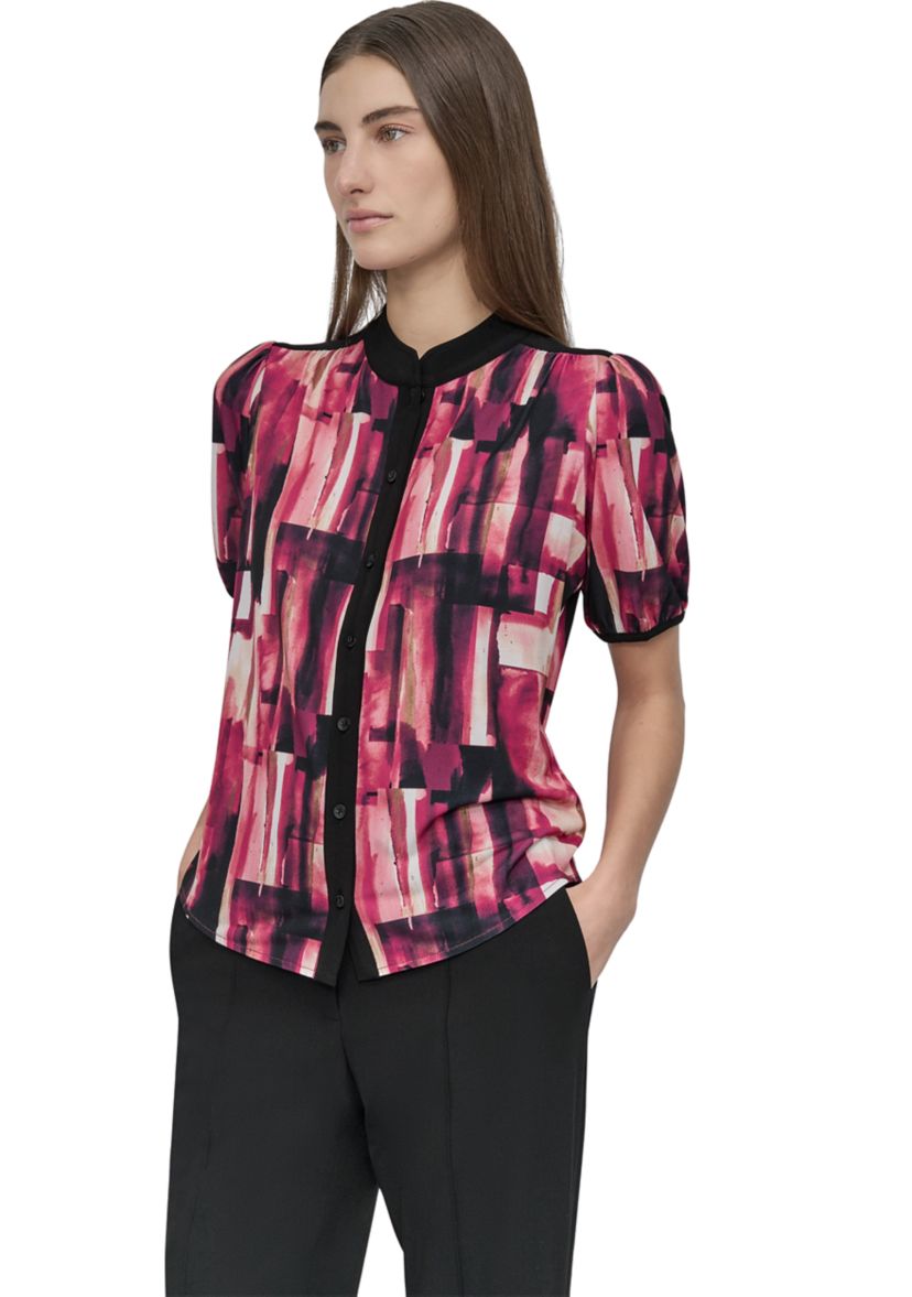 Womens Button Front Puff Sleeve Top