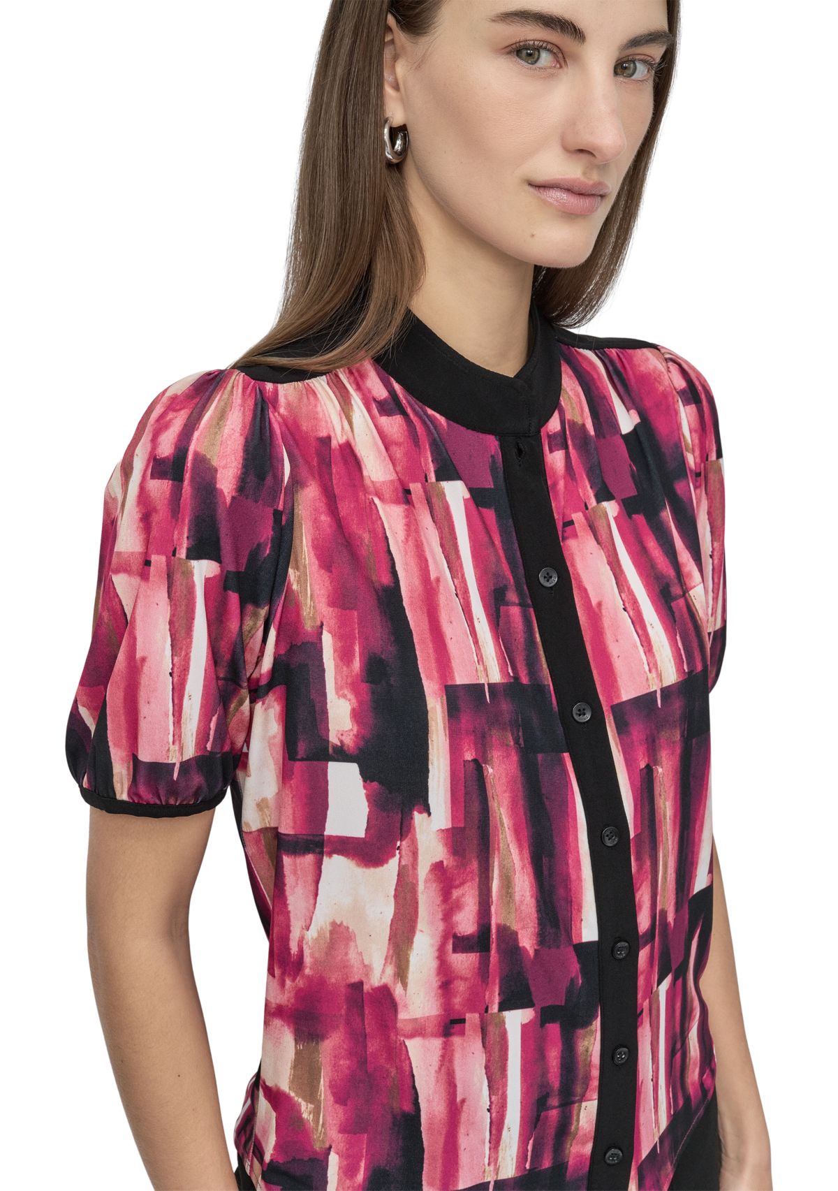 Womens Button Front Puff Sleeve Top