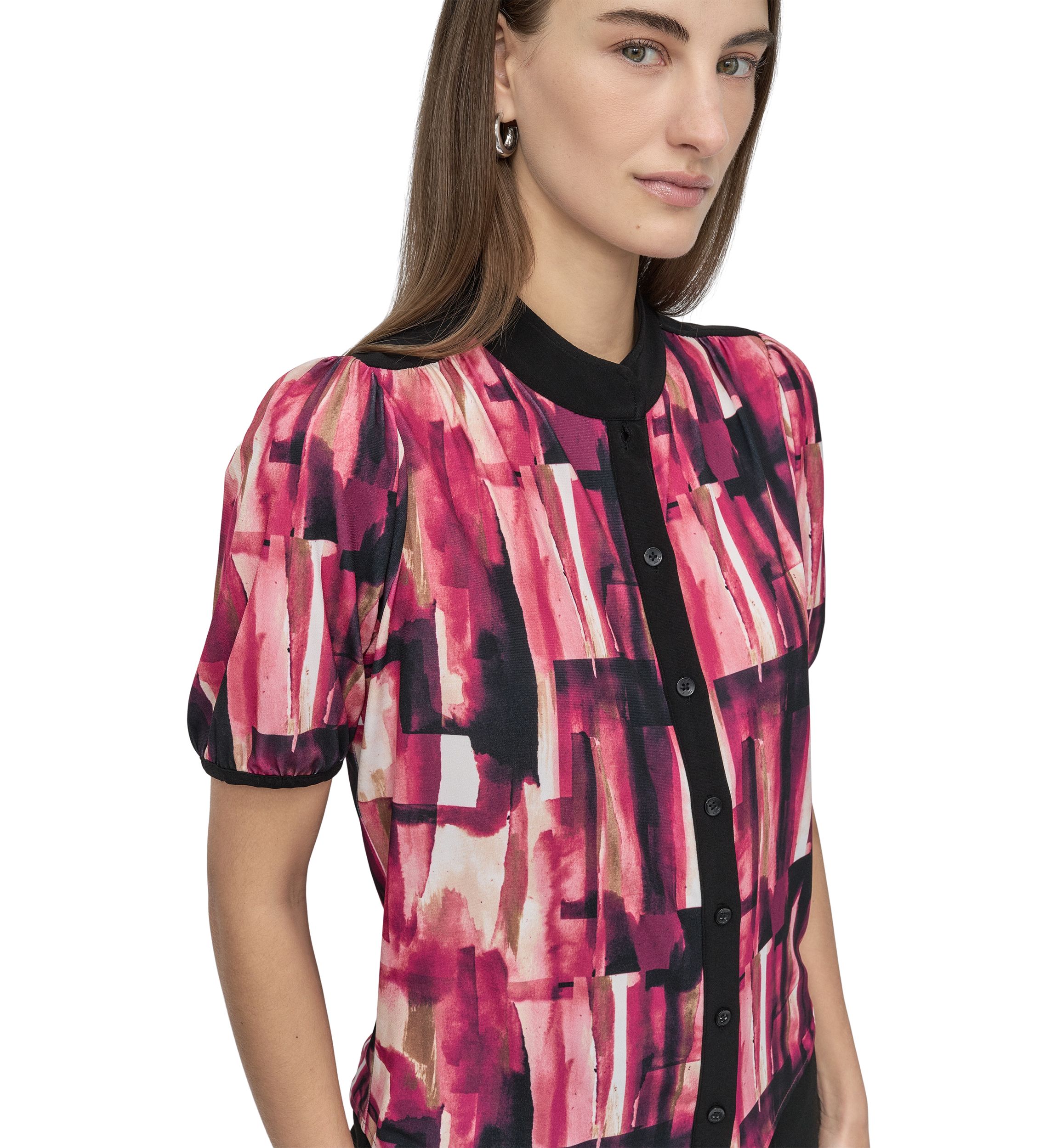 Womens Button Front Puff Sleeve Top