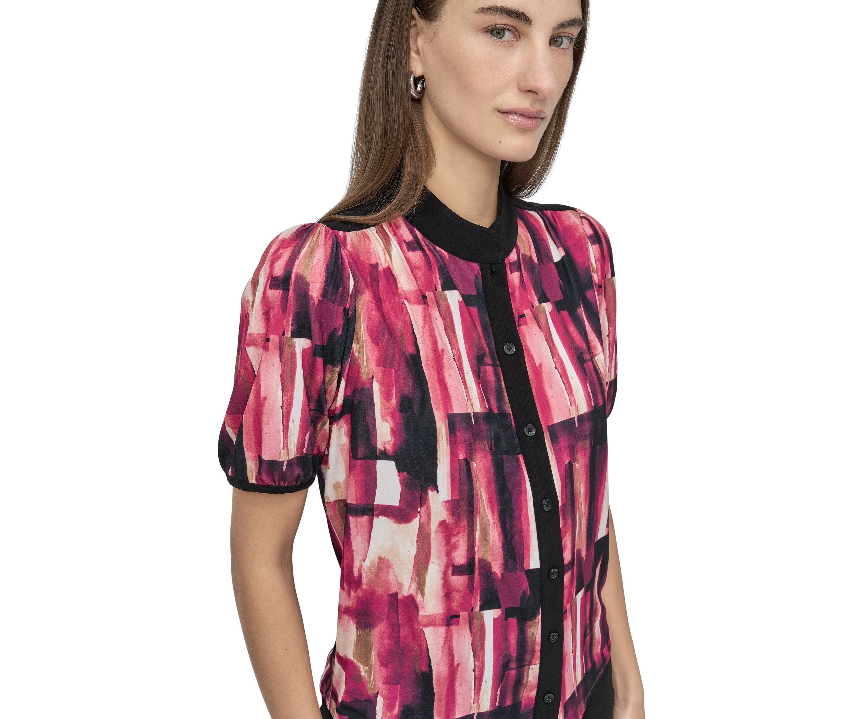 Womens Button Front Puff Sleeve Top