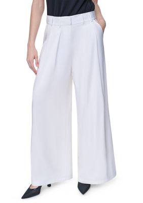 DKNY Women's Wide Leg Pleated Belted Pants, Ivory, 12
