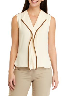 DKNY Women's Sleeveless Solid Mix Media Piped Blouse (XS size only)