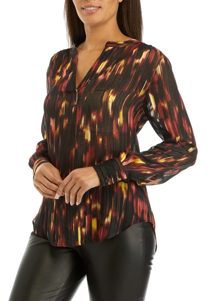 Womens Long Sleeve Collarless V-Neck Printed Blouse